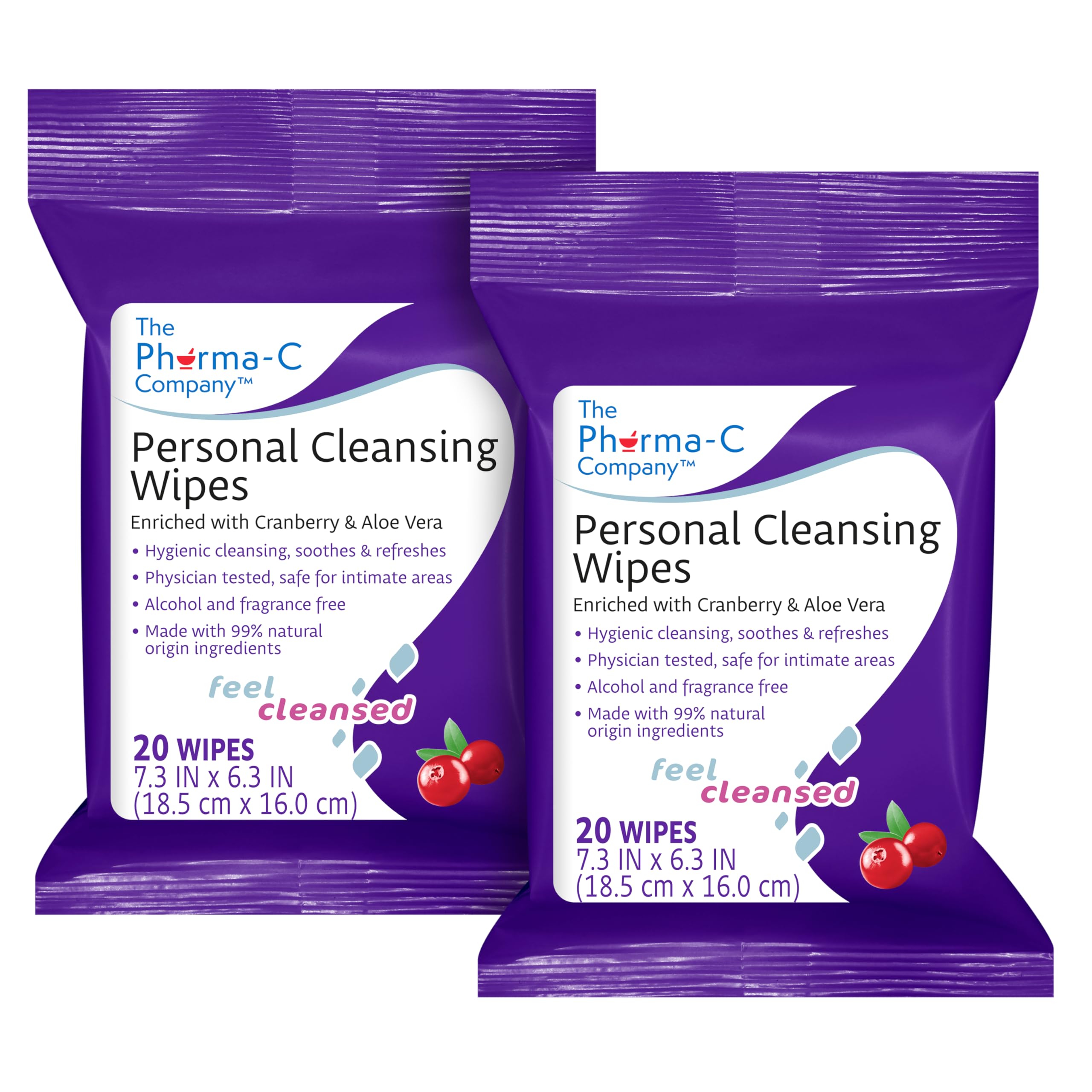 The Pharma-C Company Personal Cleansing Wipes [2 packs of 20 wipes] - Enriched with Cranberry & Aloe Vera