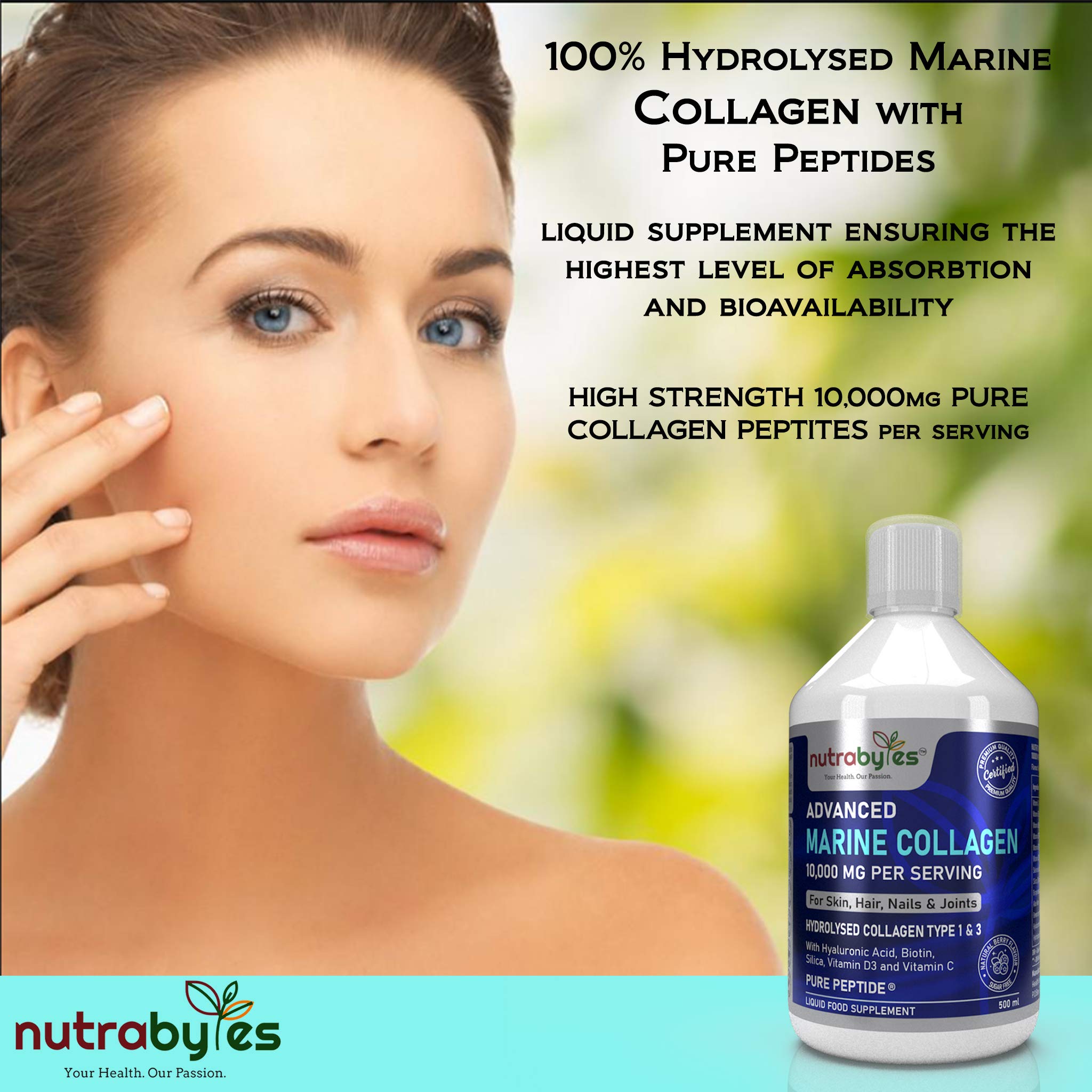 Marine Collagen Liquid 10000mg Sugar Free, Hydrolysed Peptides | Hyaluronic Acid, Biotin, Silica, Vitamin C, Vitamin D3 NUTRABYTES
