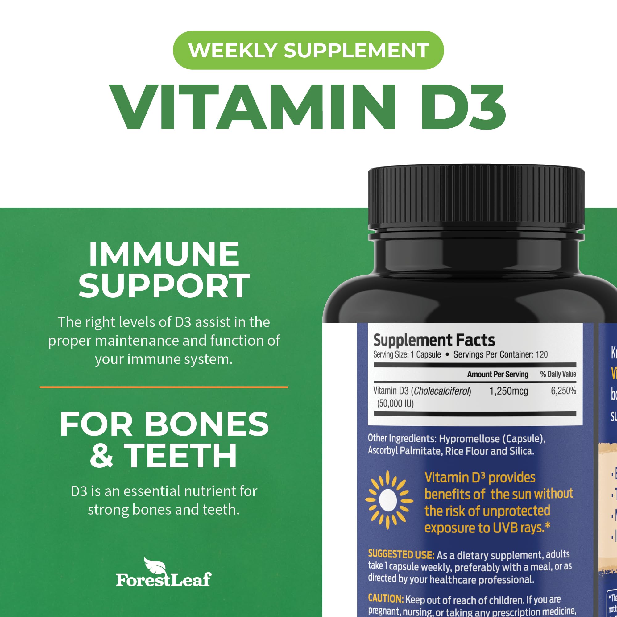 ForestLeaf - Vitamin D3 IU Weekly Supplement - (50,000 IU - 120 Count - 2 Pack)
