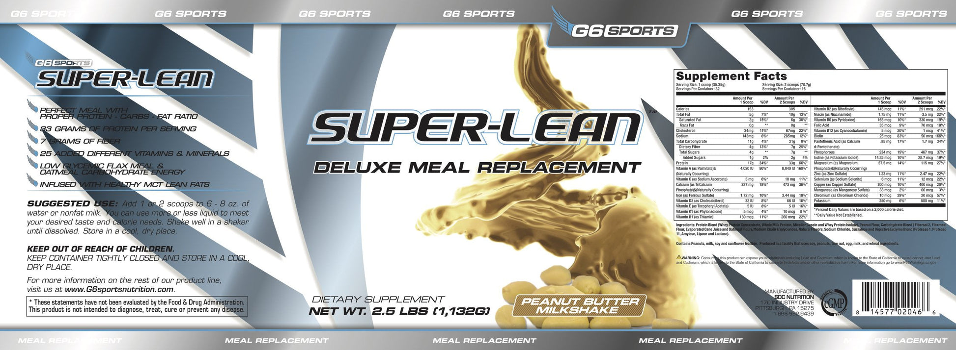 G6 Sports Nutrition Super-Lean Deluxe Meal Replacement (32g Protein, 7g Fiber, 25 Added G6 Sports