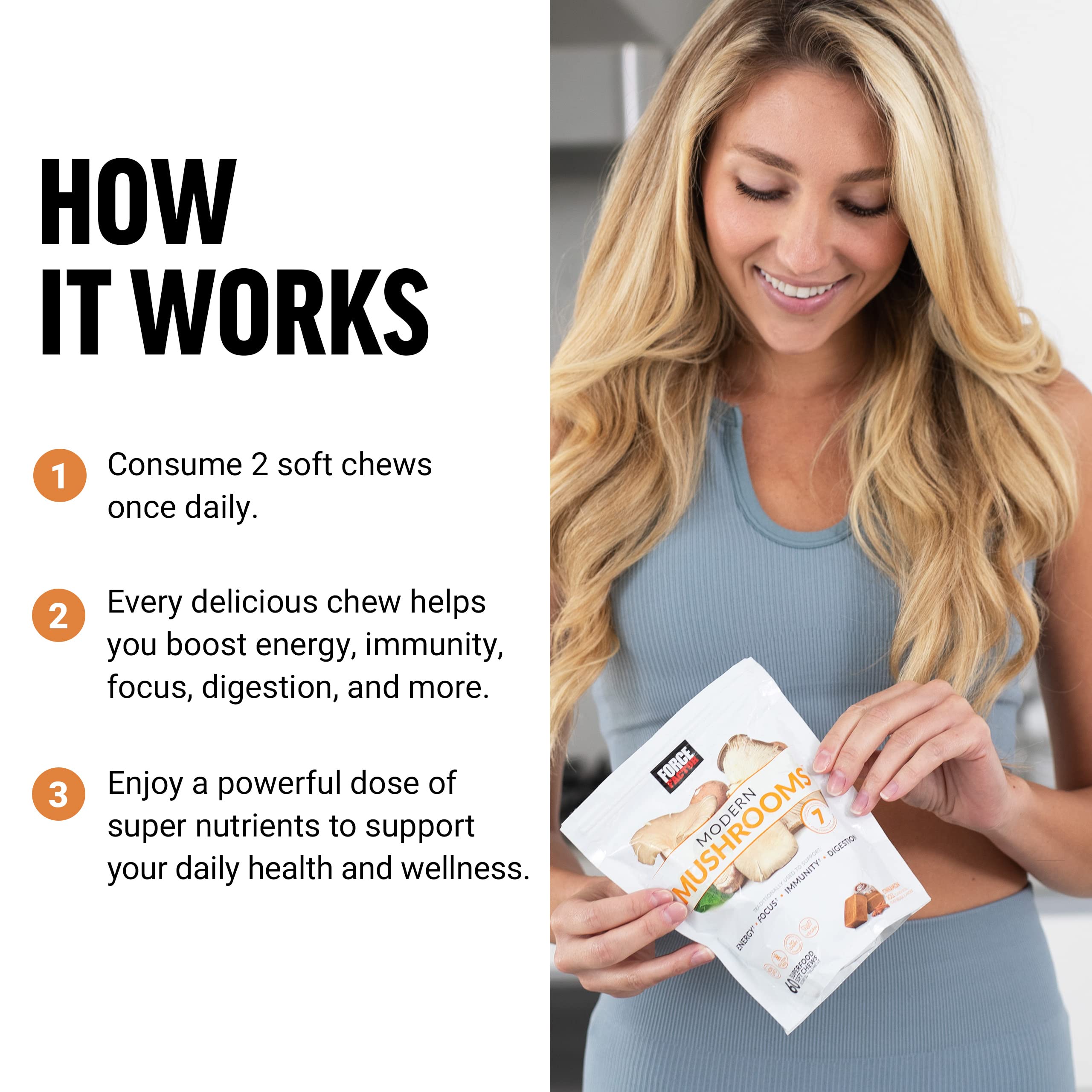 FORCE FACTOR Modern Mushrooms Soft Chews, Mushroom Supplement with Lions Mane Force Factor