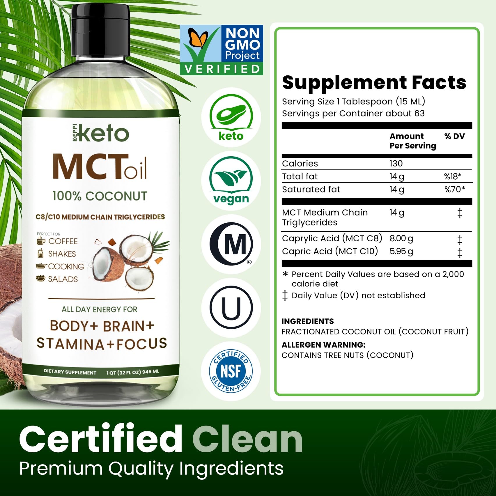 Keppi Flavorless MCT Oil - C8 and C10 for Keto Diet, Non-GMO, Certified Gluten-Free Keppi
