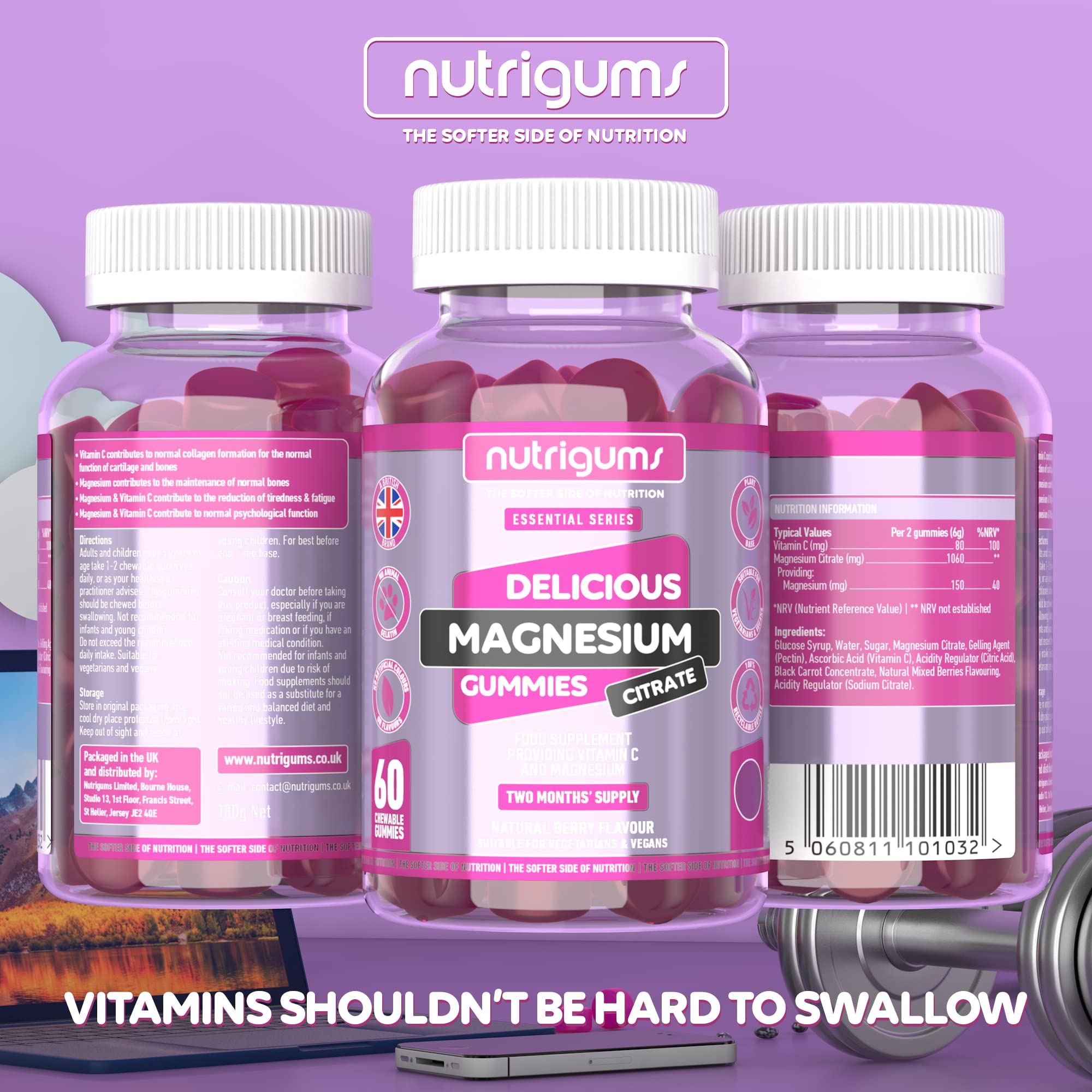 Magnesium Citrate 1250mg & Vitamin C Gummy | Mixed Berry Flavour | 60 Vegan Gummies Nutrigums