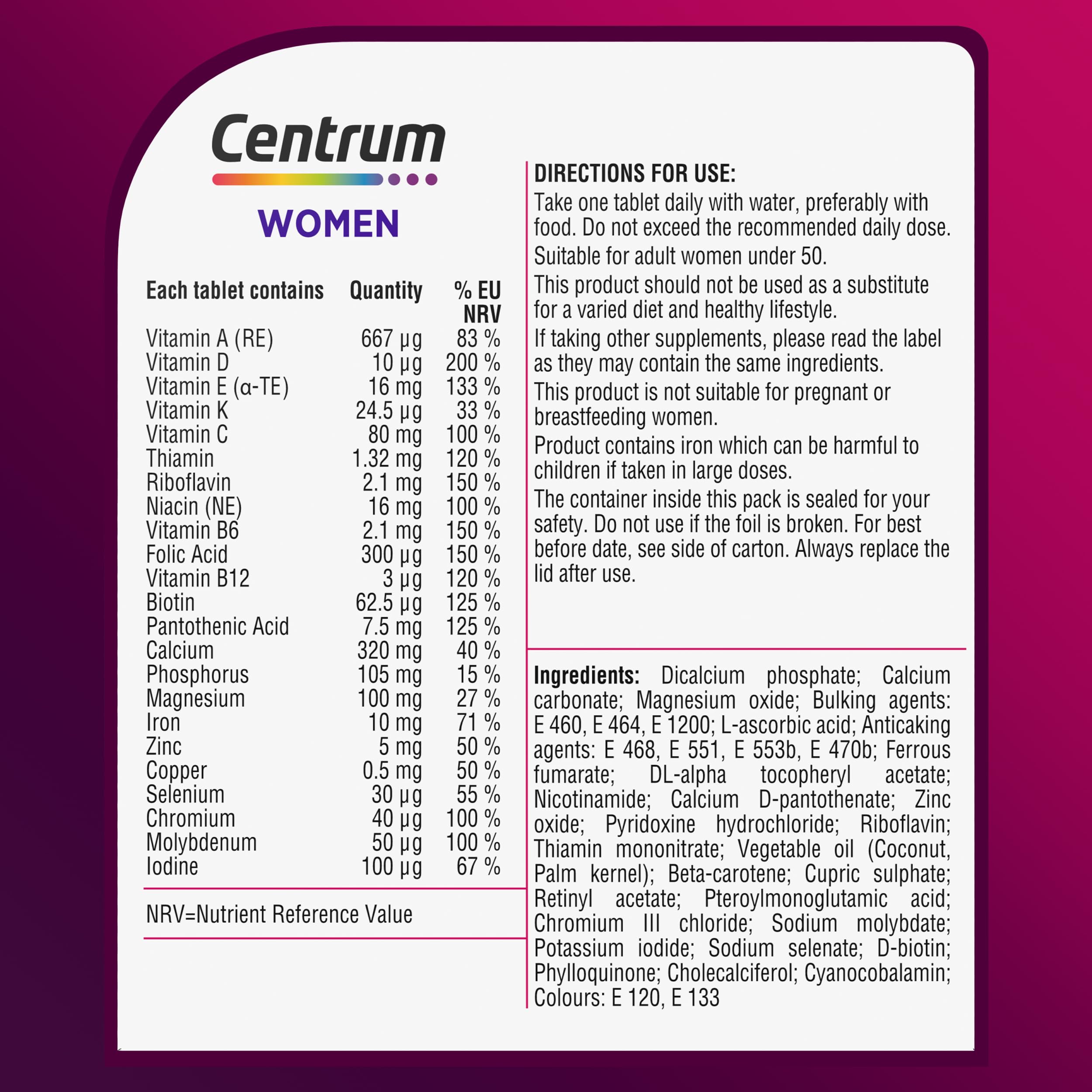 Centrum Women Tablets Multivitamin & Mineral Supplements, with 23 essential nutrients Centrum