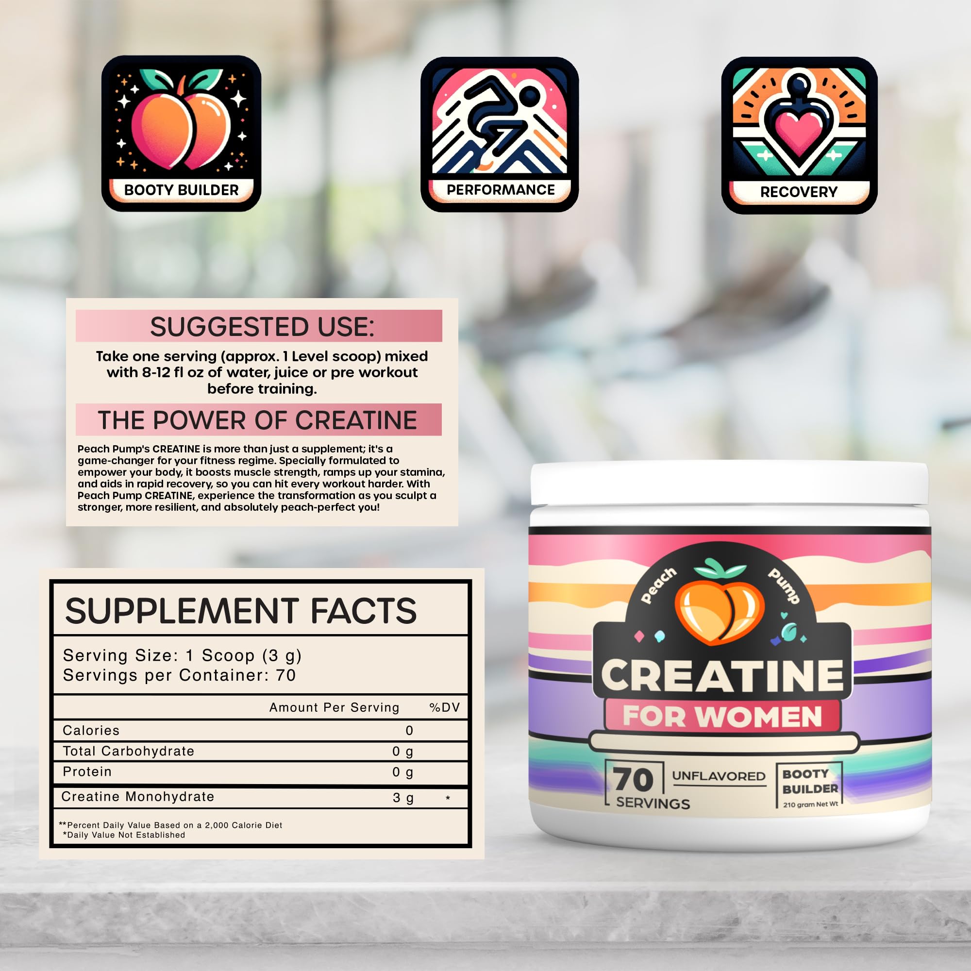 Creatine Supplement for Women's Booty Gains - Unflavored Micronized Creatine Peach Pump