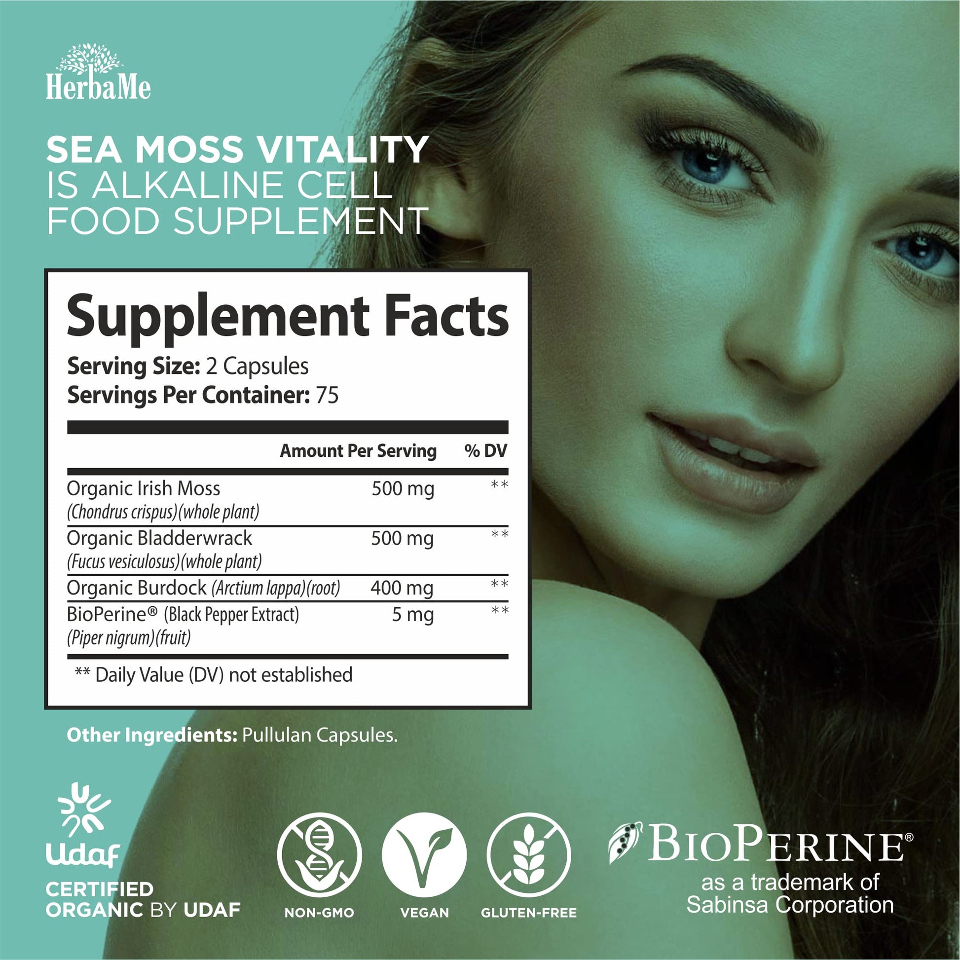 HerbaMe Organic Irish Sea Moss with Bladderwrack, Burdock Root & Black Pepper Extract HerbaMe