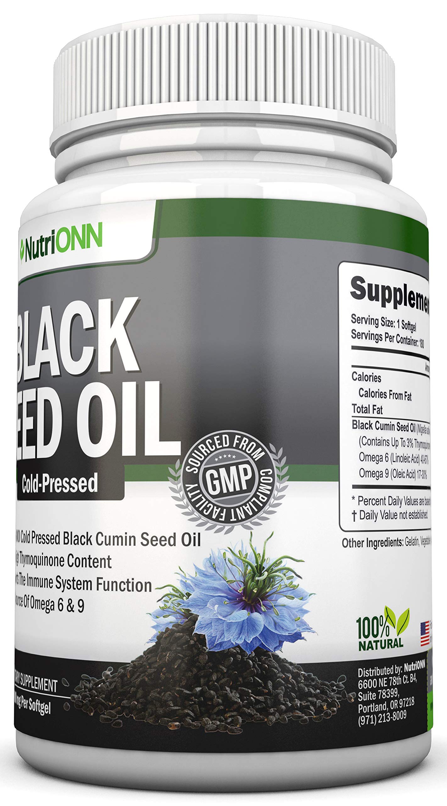 Black Seed Oil - 1000 Mg - 180 Softgels - Cold-Pressed Non-GMO Black Cumin Seed NutriONN