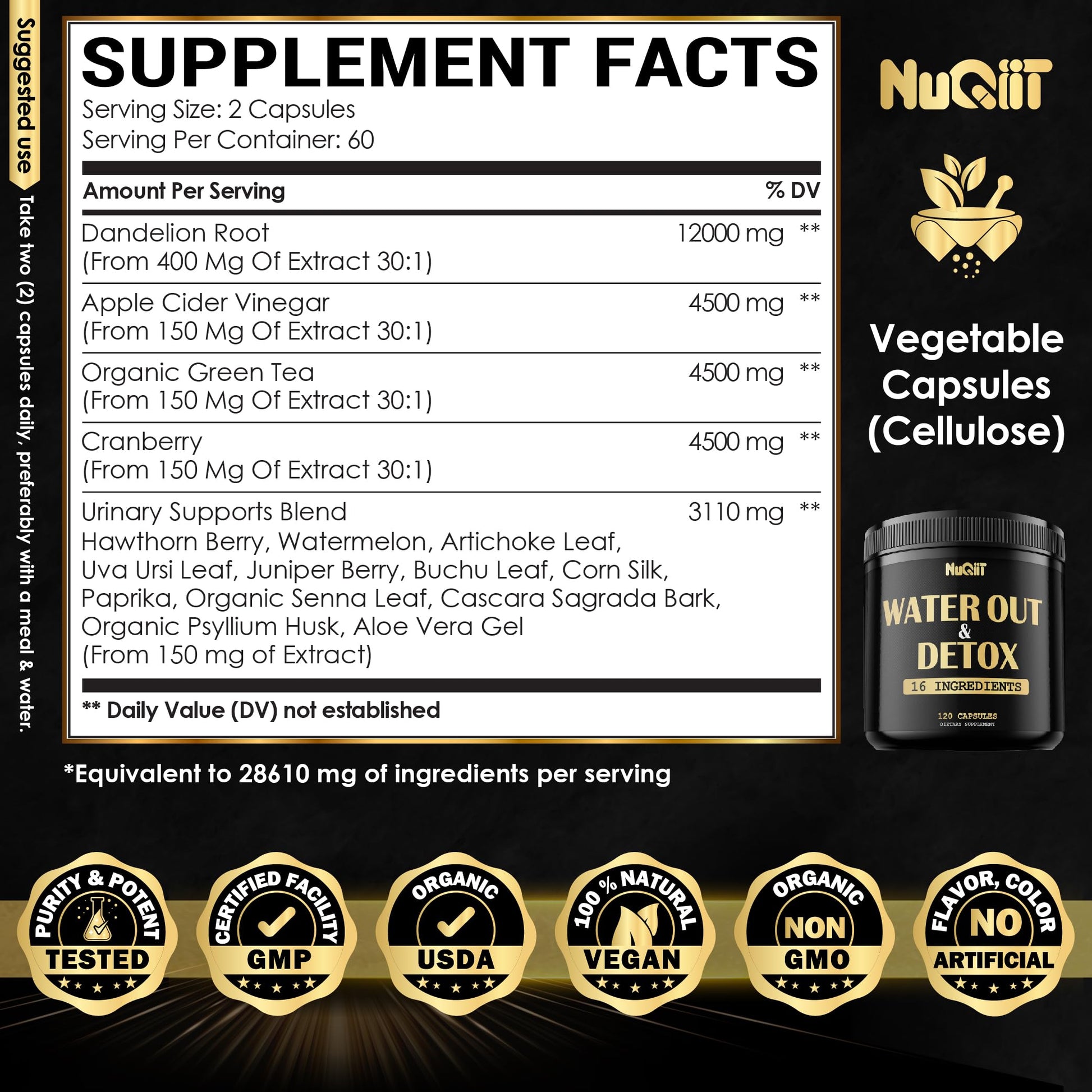 Nuqiit Water Out Supplement with Dandelion Root 12000mg Apple Cider Vinegar 4500mg & More Nuqiit