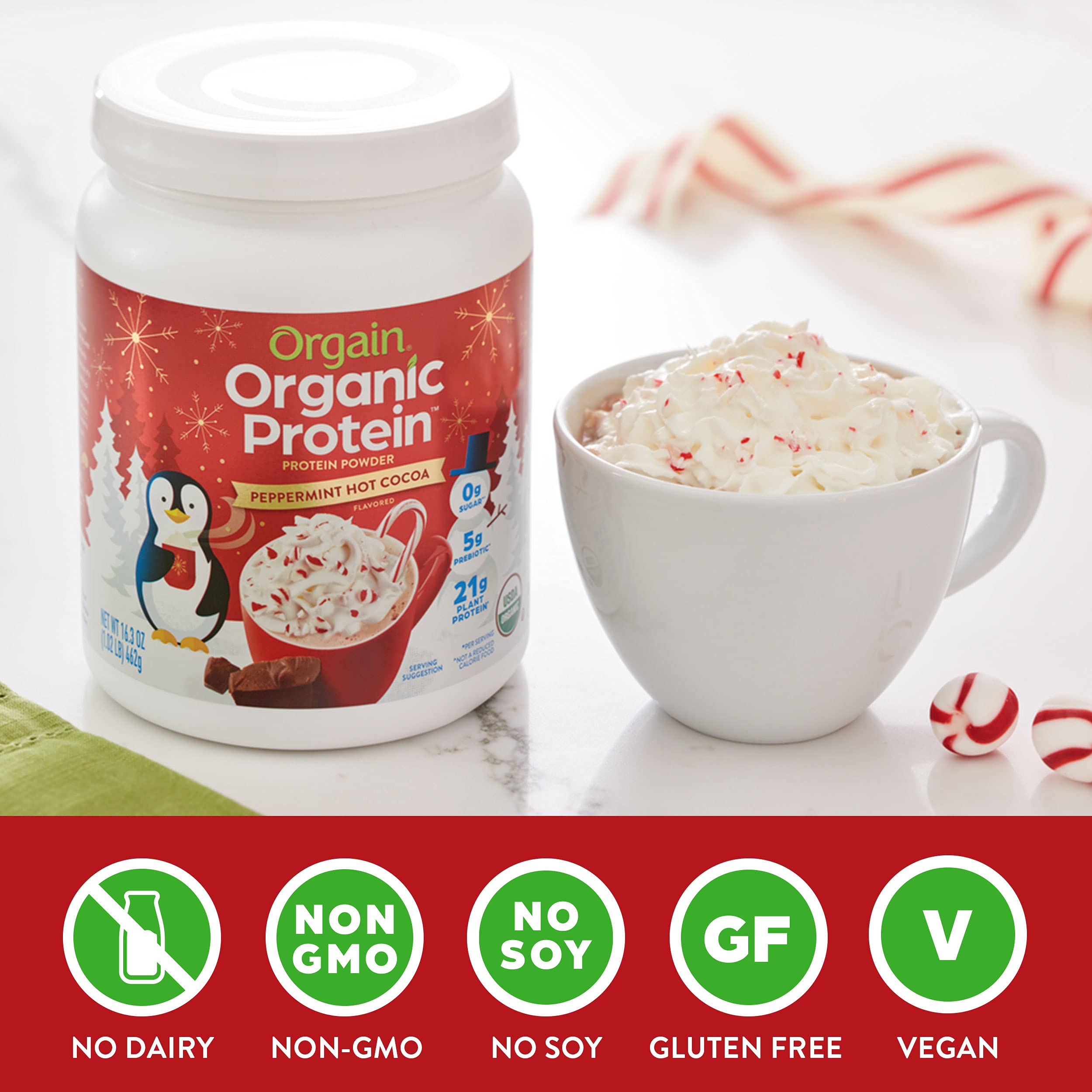 Orgain Organic Vegan Protein Powder, Peppermint Hot Cocoa Seasonal Holiday Flavor Orgain