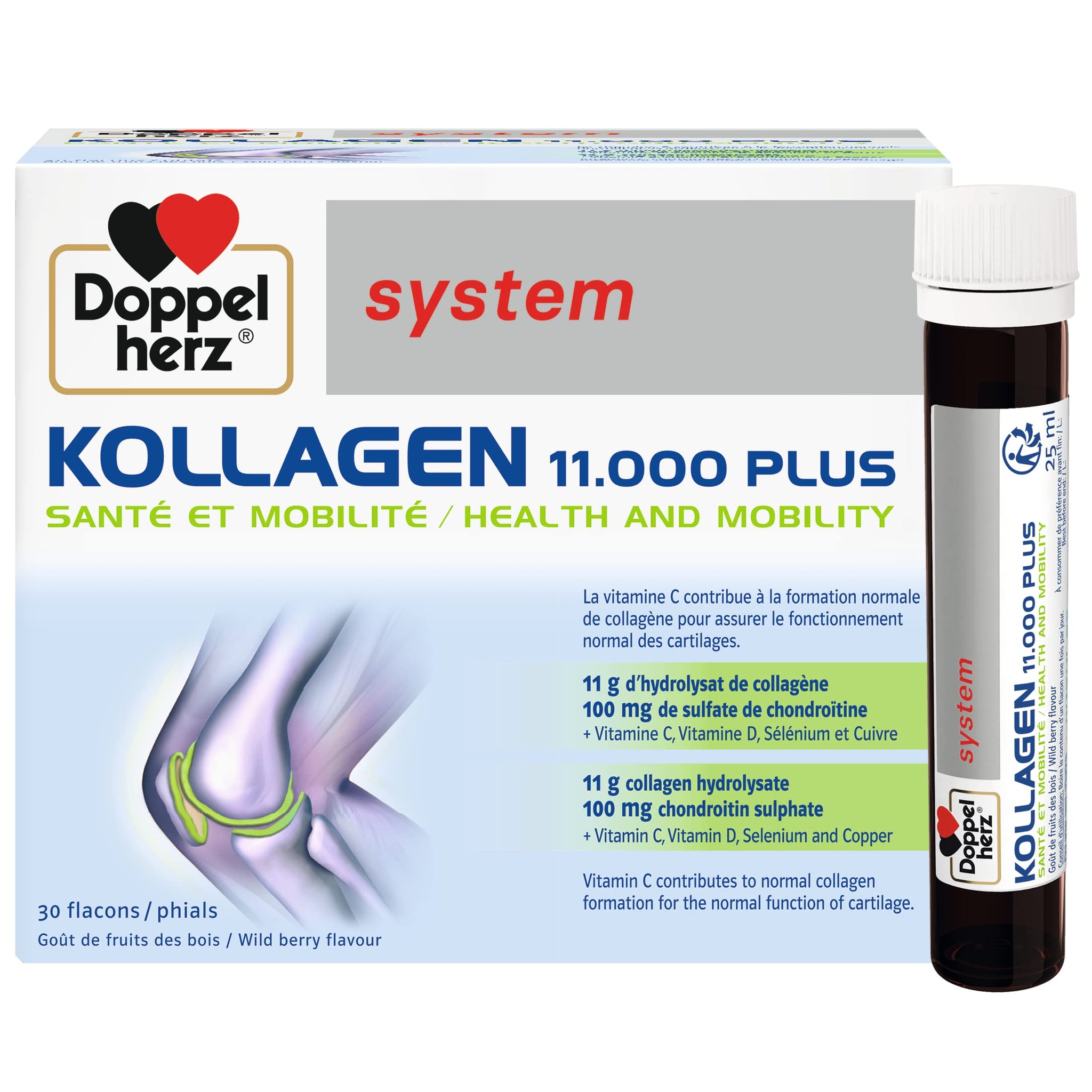 Doppelherz - Kollagen 11000 Plus - Collagen hydrolysate, chondroitin Sulphate, Vitamins C and D and Trace Elements - for Bones, cartilages and tendons - Wild Berry Flavour Liquid- 30 Bottles of 25ml Doppelherz