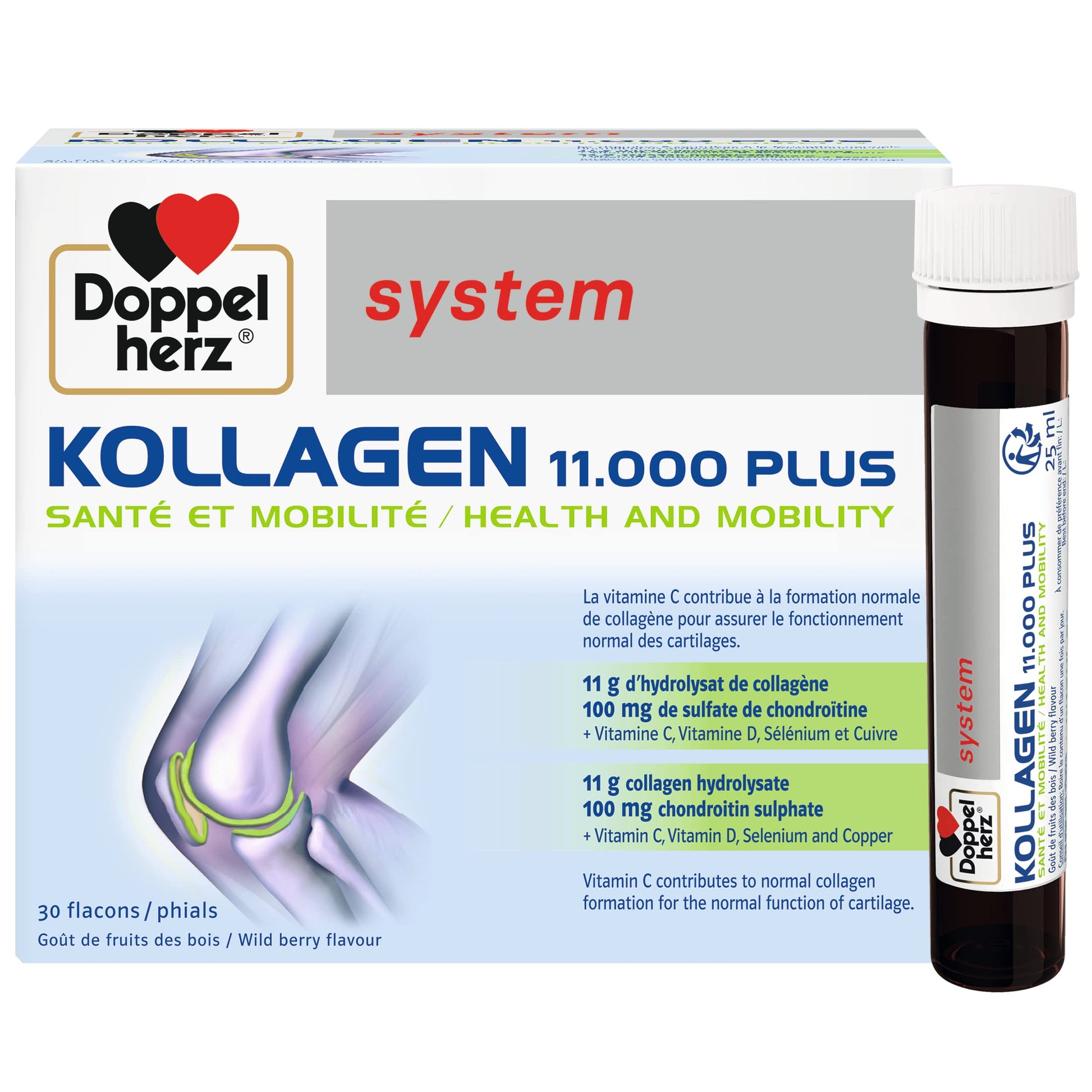 Doppelherz - Kollagen 11000 Plus - Collagen hydrolysate, chondroitin Sulphate, Vitamins C and D and Trace Elements - for Bones, cartilages and tendons - Wild Berry Flavour Liquid- 30 Bottles of 25ml Doppelherz