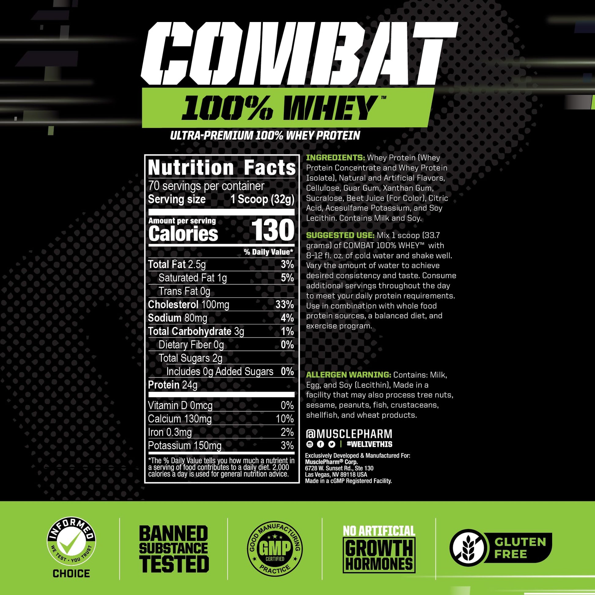 MusclePharm Combat 100% Whey Protein Powder, Strawberry Cream Flavor Muscle Pharm