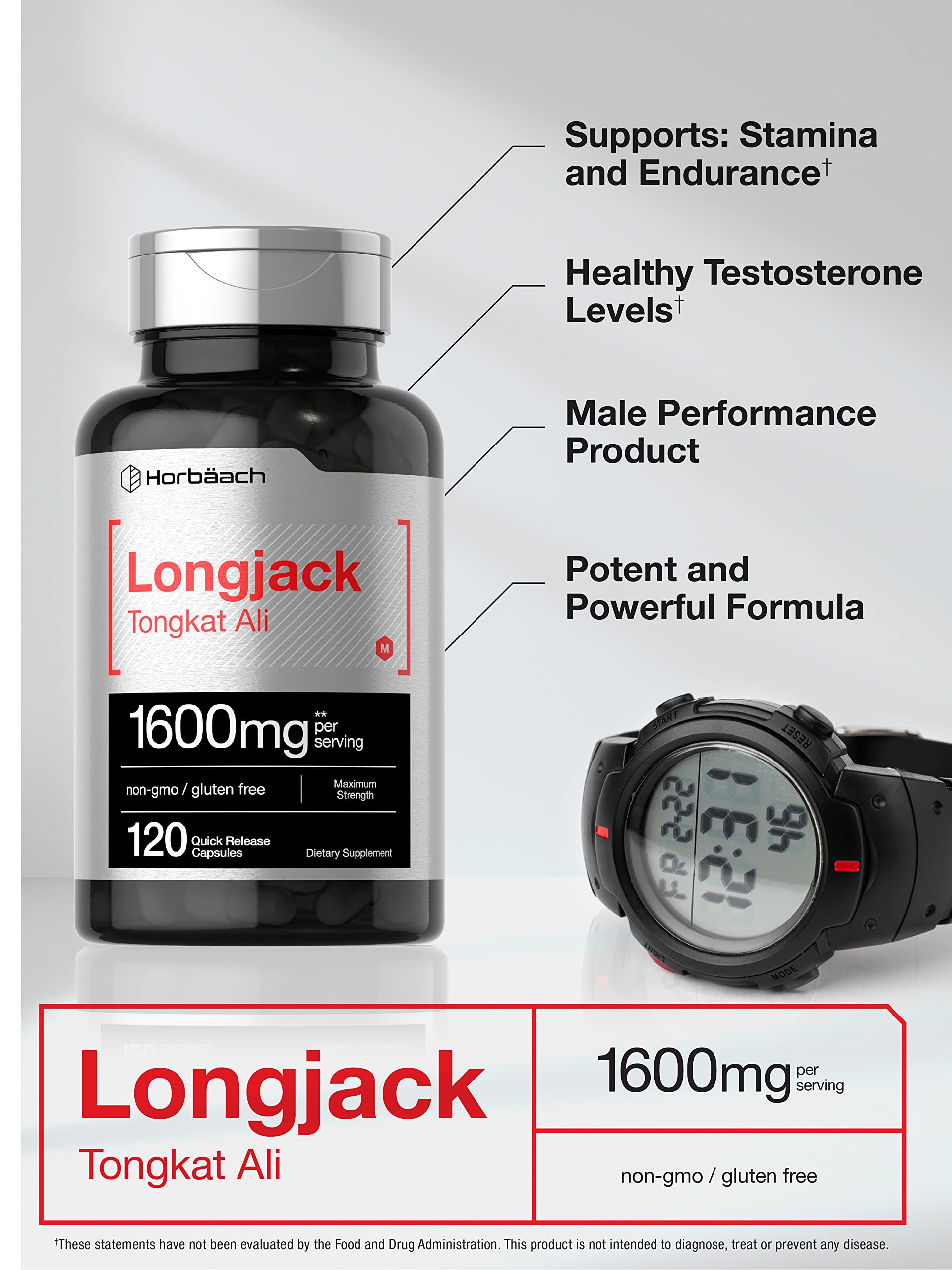 Longjack Tongkat Ali 1600 mg | 120 Capsules | Longifolia Root Extract Powder | Maximum Horbäach