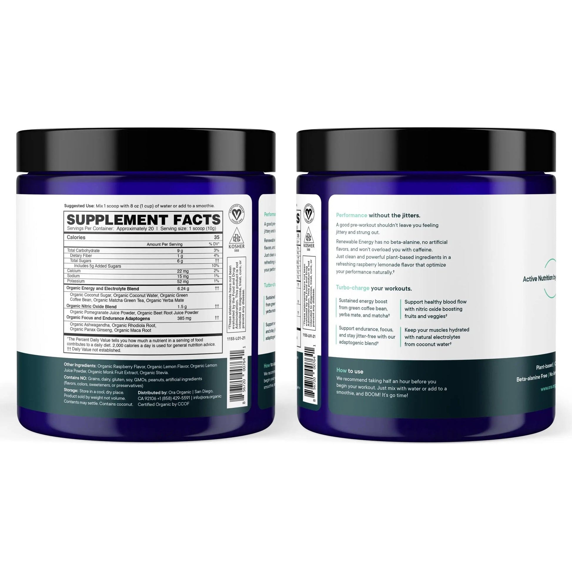 Ora Organic Natural Pre Workout Powder - Raspberry Lemonade Flavor- Provides Jitter Free Ora Organic
