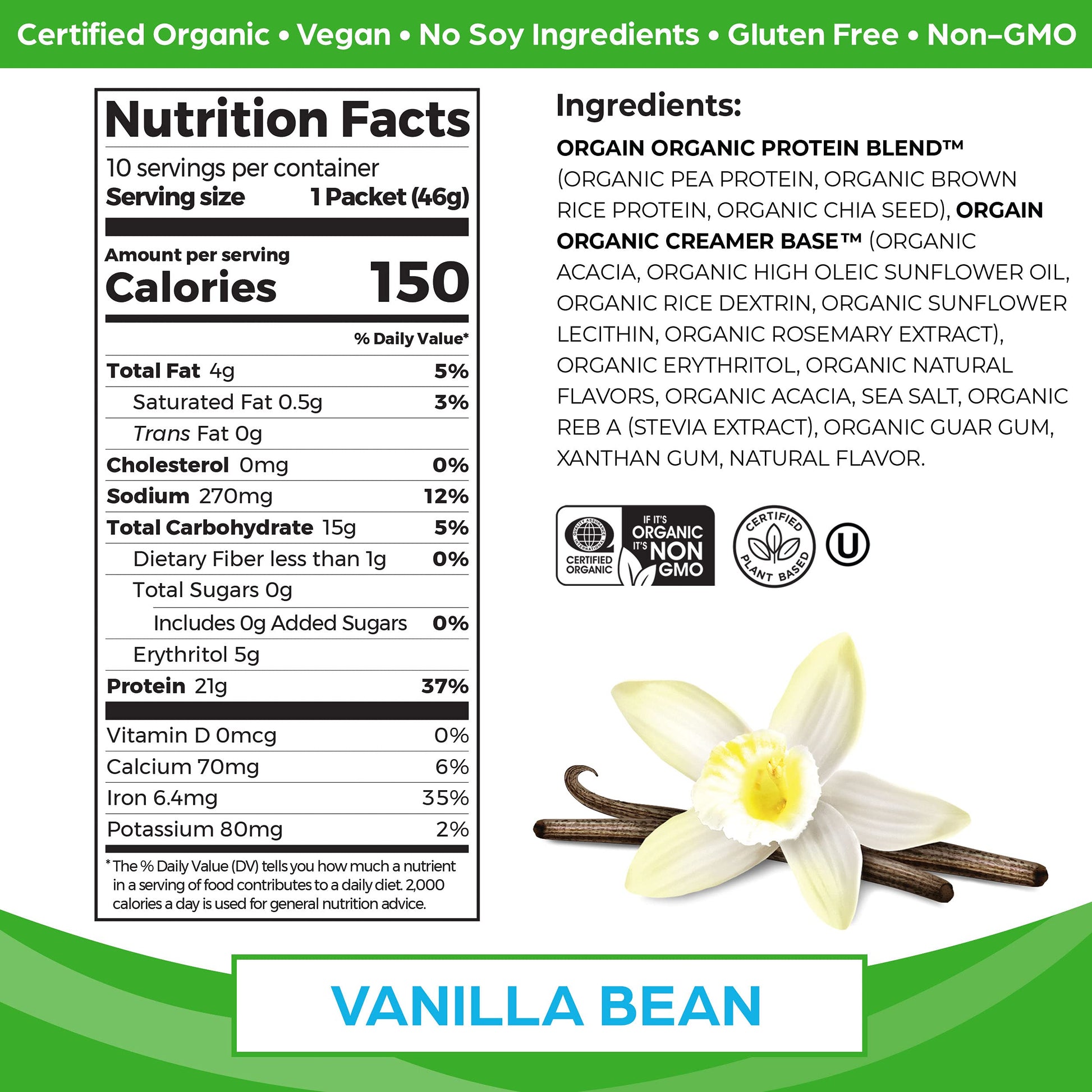 Orgain Organic Vegan Protein Powder, Vanilla Bean - 21g Plant Based Protein, Gluten Free Orgain