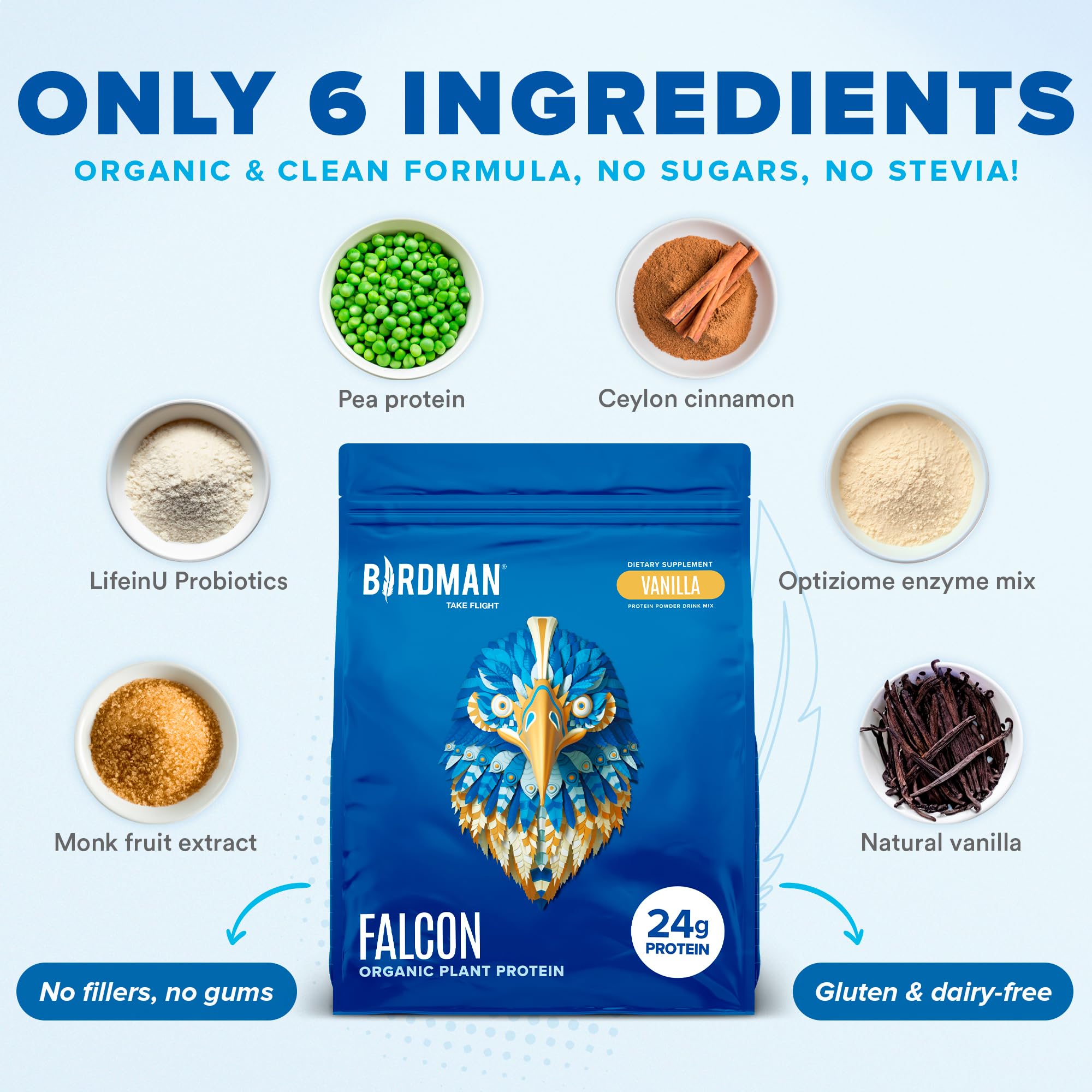 BIRDMAN Falcon Vegan Protein Powder Organic, Stevia & Sugar Free, Plant Based Protein BIRDMAN
