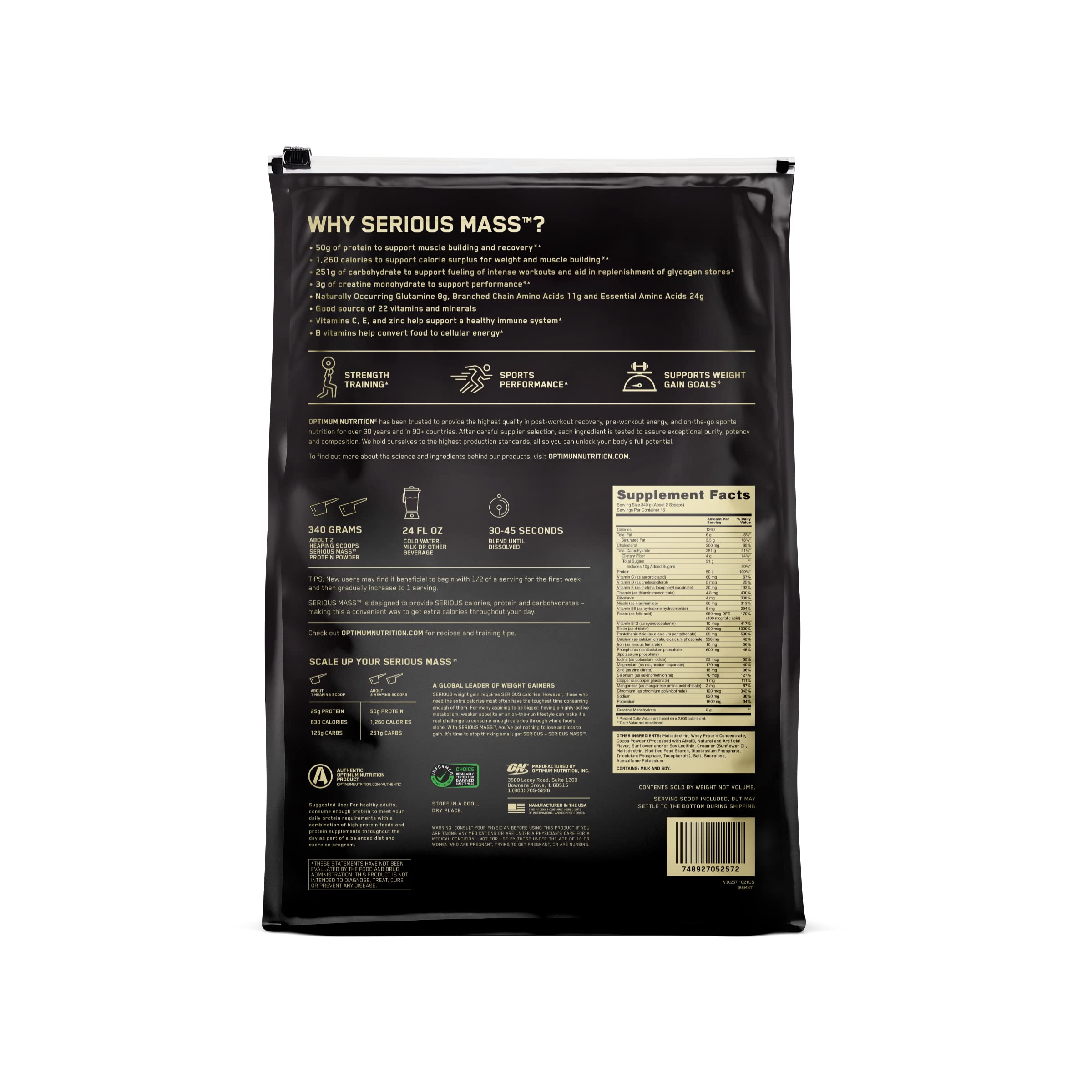 Optimum Nutrition Serious Mass, Weight Gainer Protein Powder for Muscle Gain, Added Optimum Nutrition