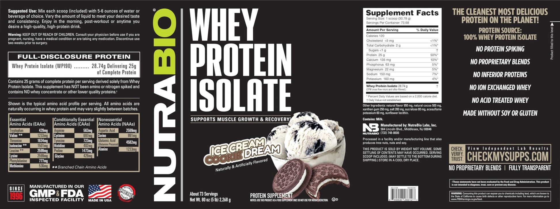 NutraBio Whey Protein Isolate Supplement – 25g of Protein Per Scoop with Complete NutraBio