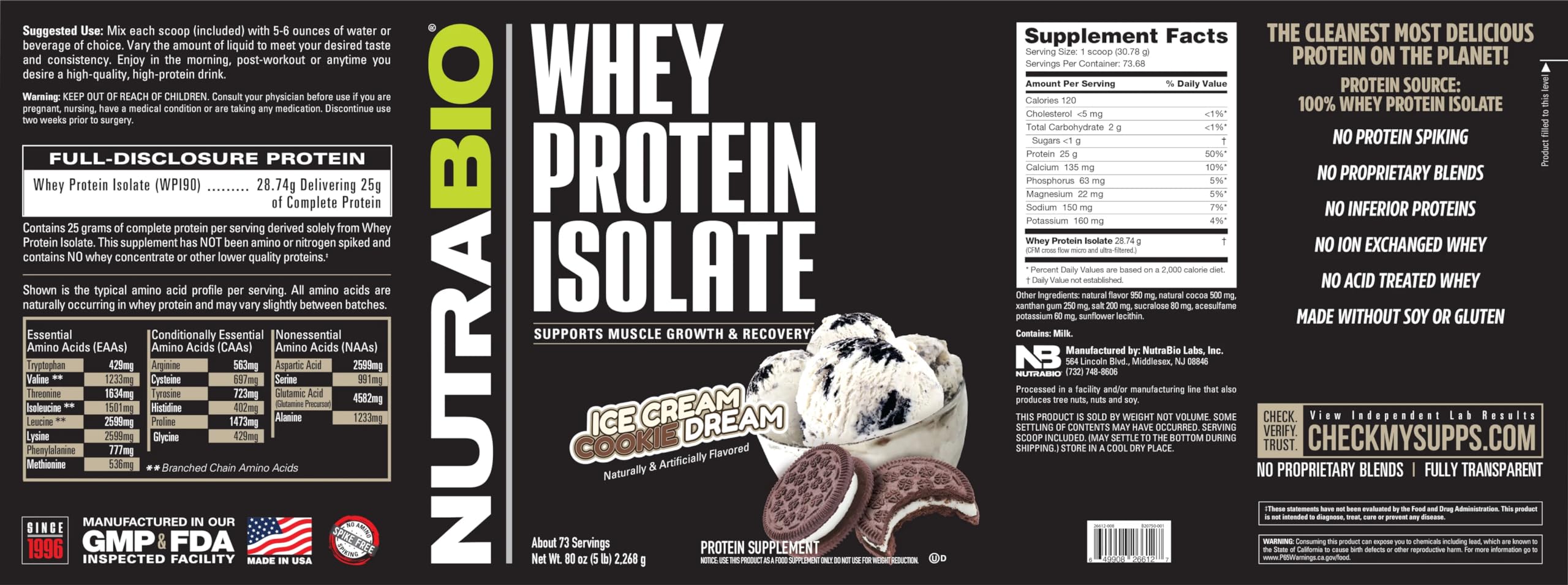 NutraBio Whey Protein Isolate Supplement – 25g of Protein Per Scoop with Complete NutraBio