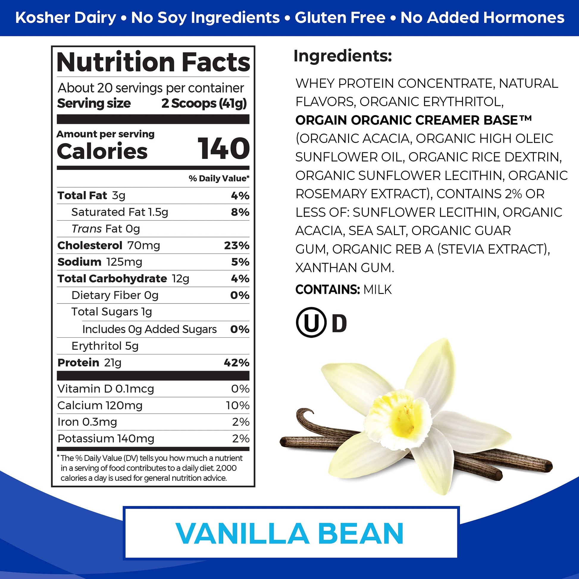 Orgain Whey Protein Powder, Vanilla Bean - 21g Grass Fed Dairy Protein, Gluten Free Orgain