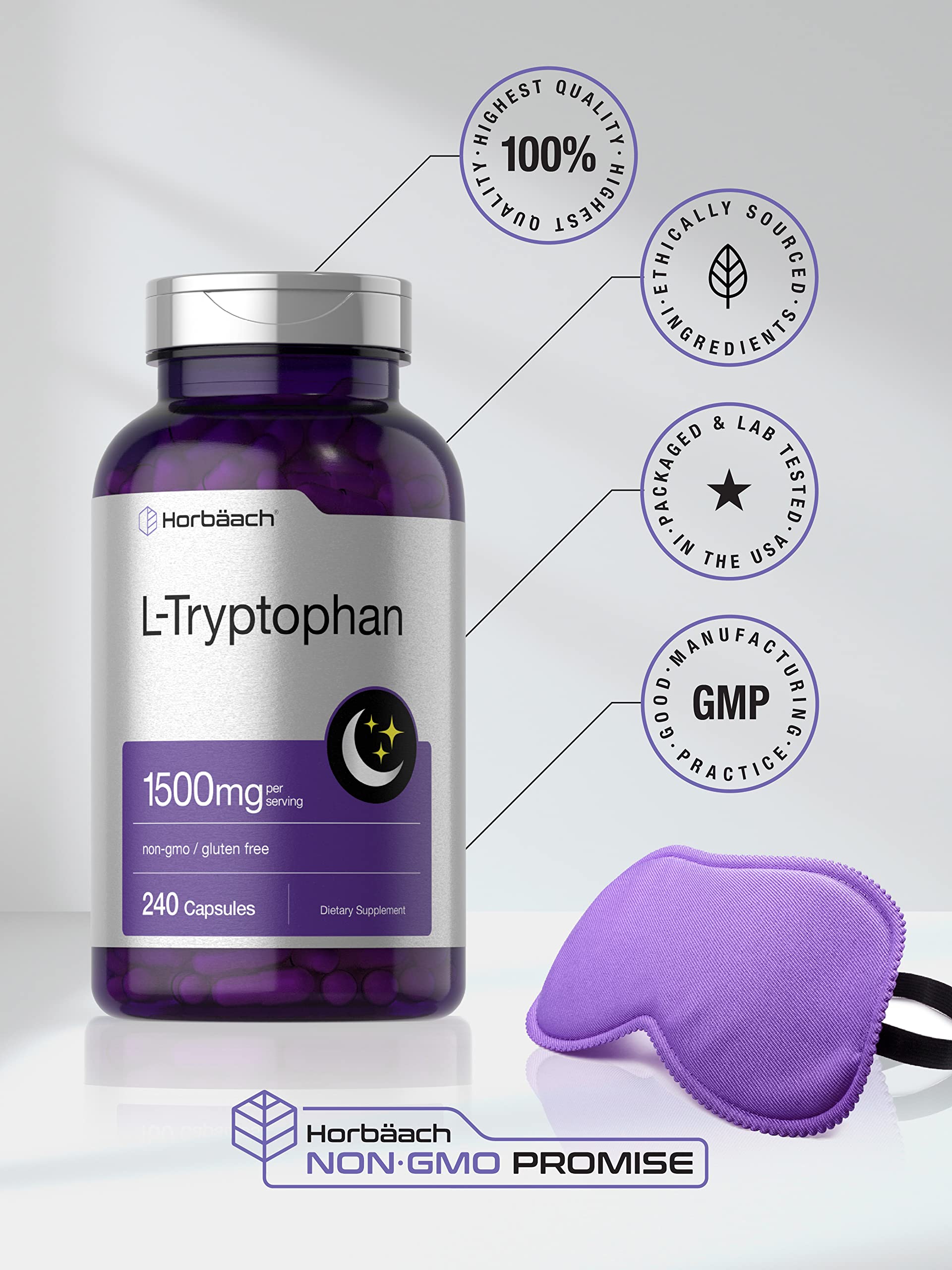 L Tryptophan 1500mg Capsules | 240 Count | Nighttime Formula | Non-GMO, Gluten Free Horbäach