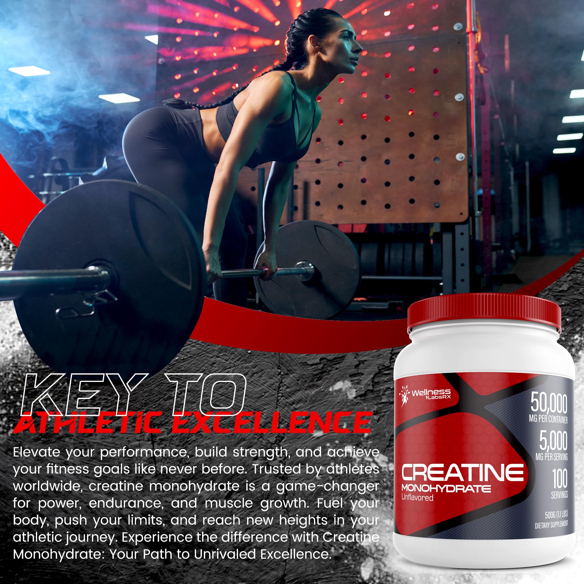Creatine Monohydrate Powder - 5000mg Micronized for Muscle Growth, Enhanced WELLNESS LABSRX