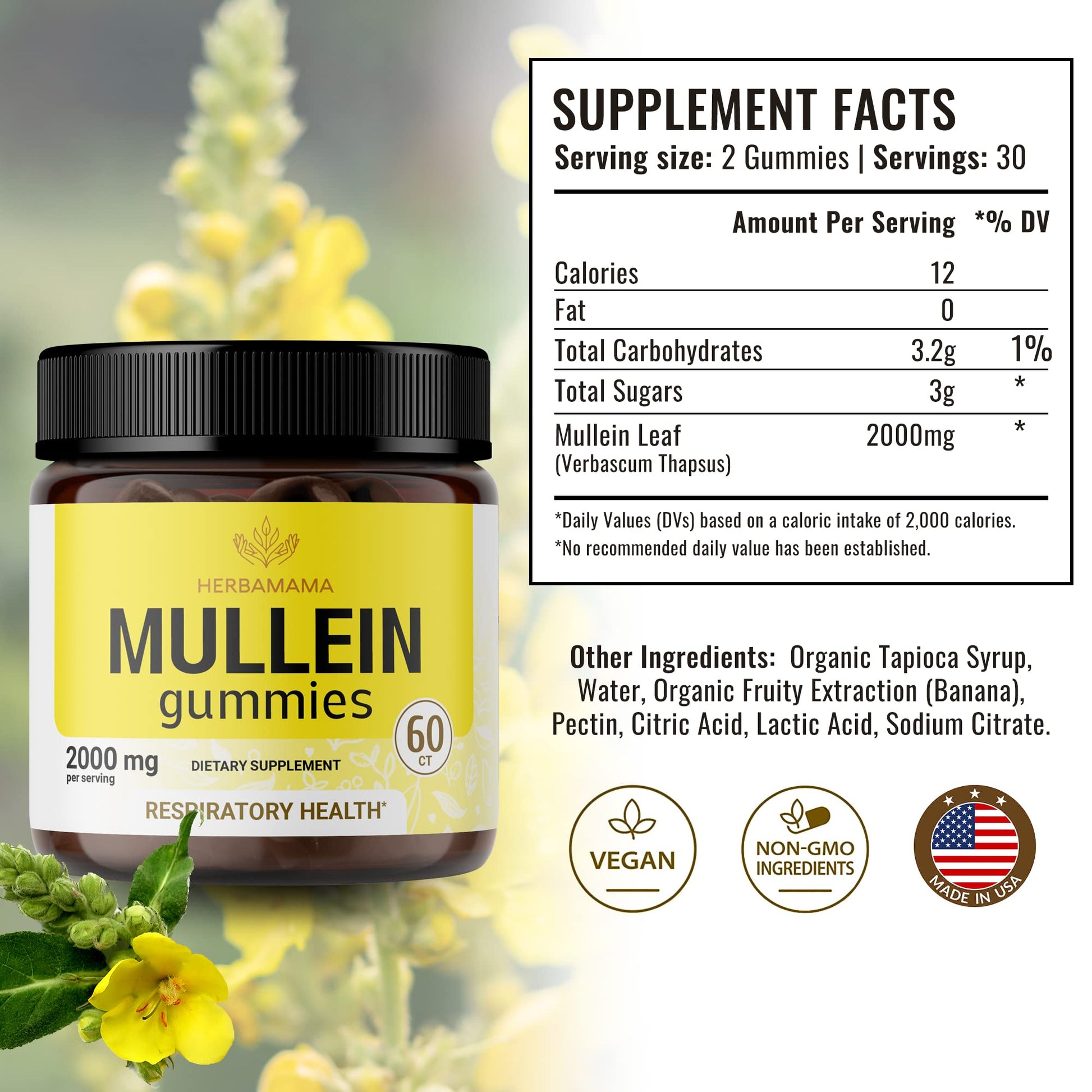 HERBAMAMA Mullein Gummies - Mullein Leaf Dietary Supplement for Respiratory HERBAMAMA