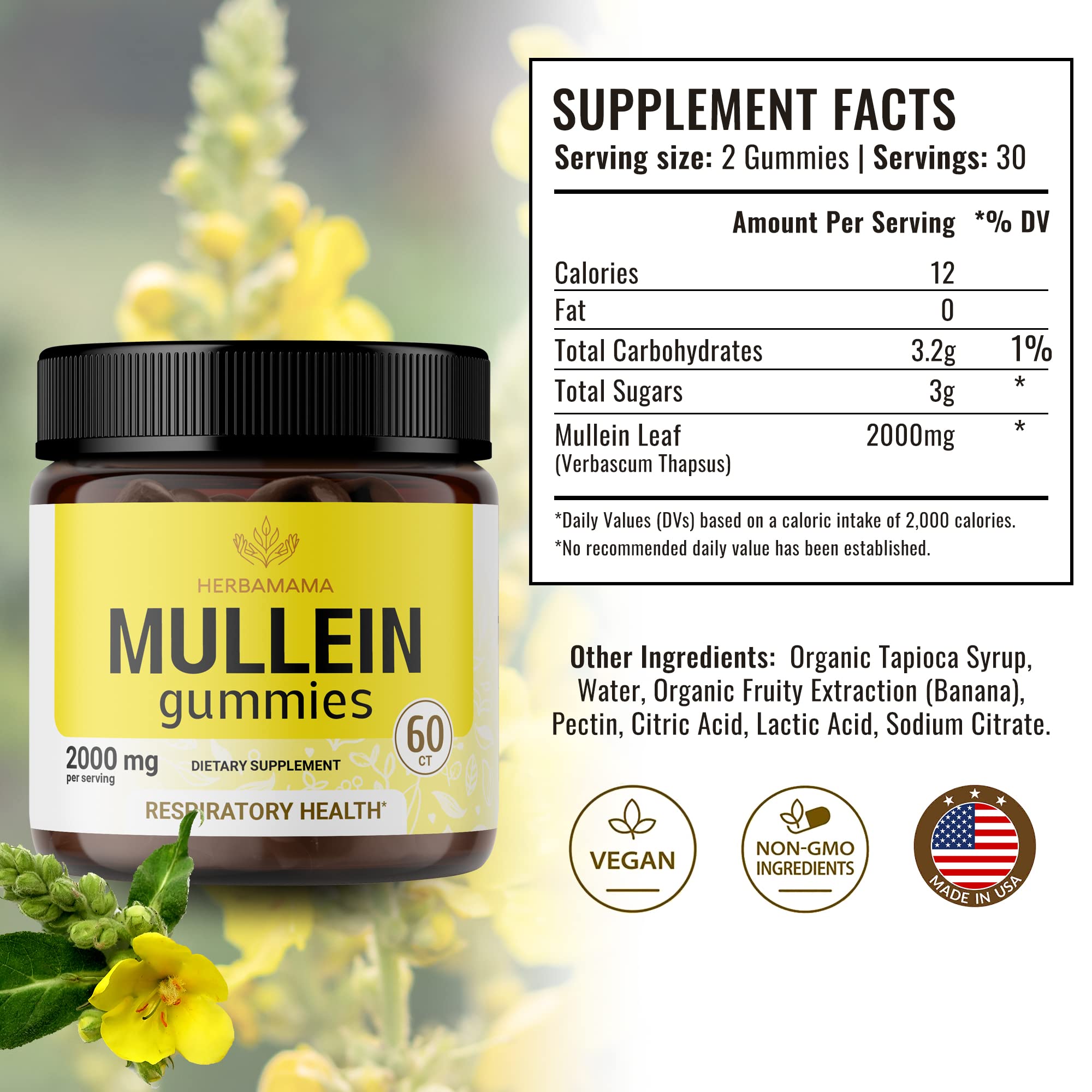 HERBAMAMA Mullein Gummies - Mullein Leaf Dietary Supplement for Respiratory HERBAMAMA