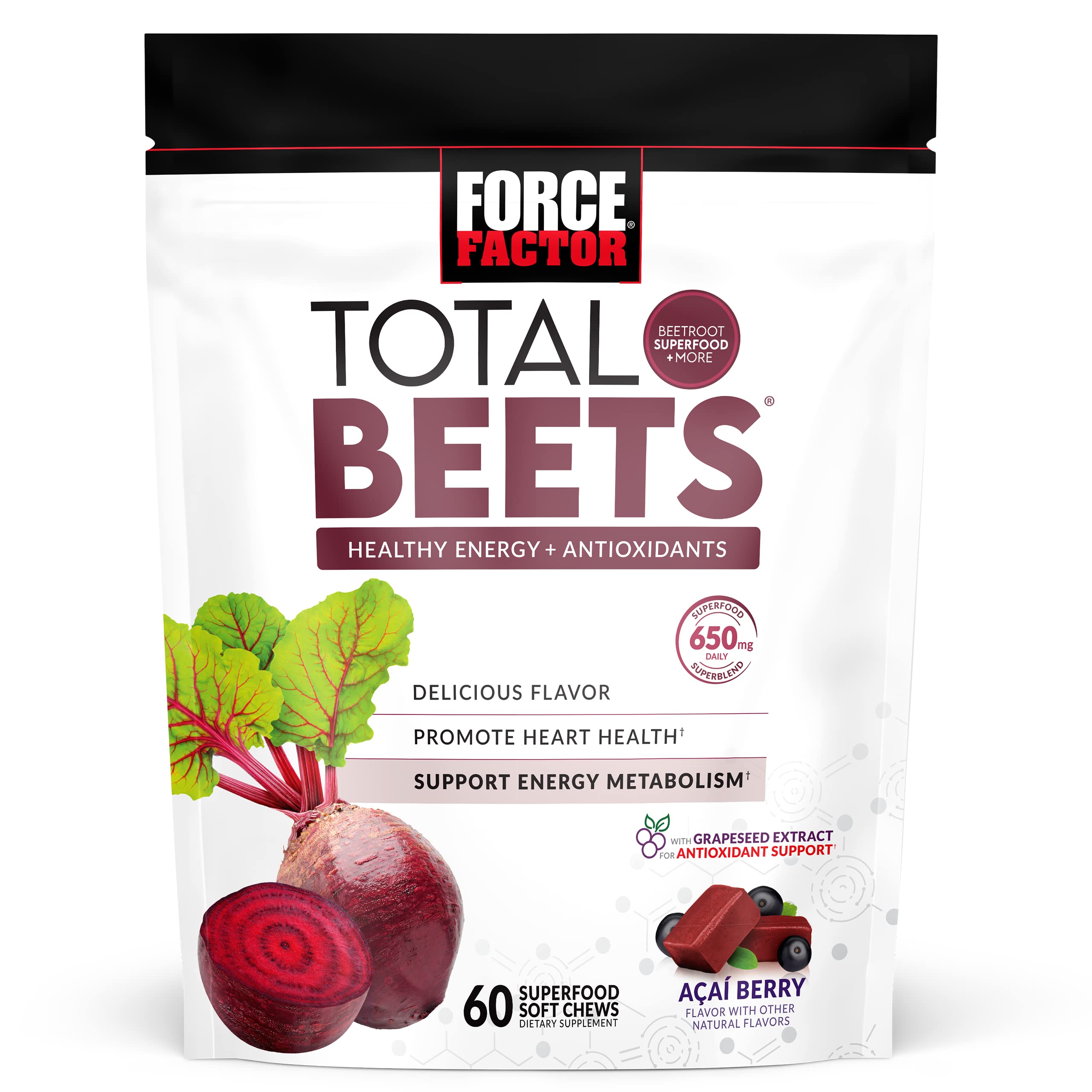 Force Factor Total Beets Soft Chews with Beetroot, Nitrates, L-Citrulline, Grapeseed Extract