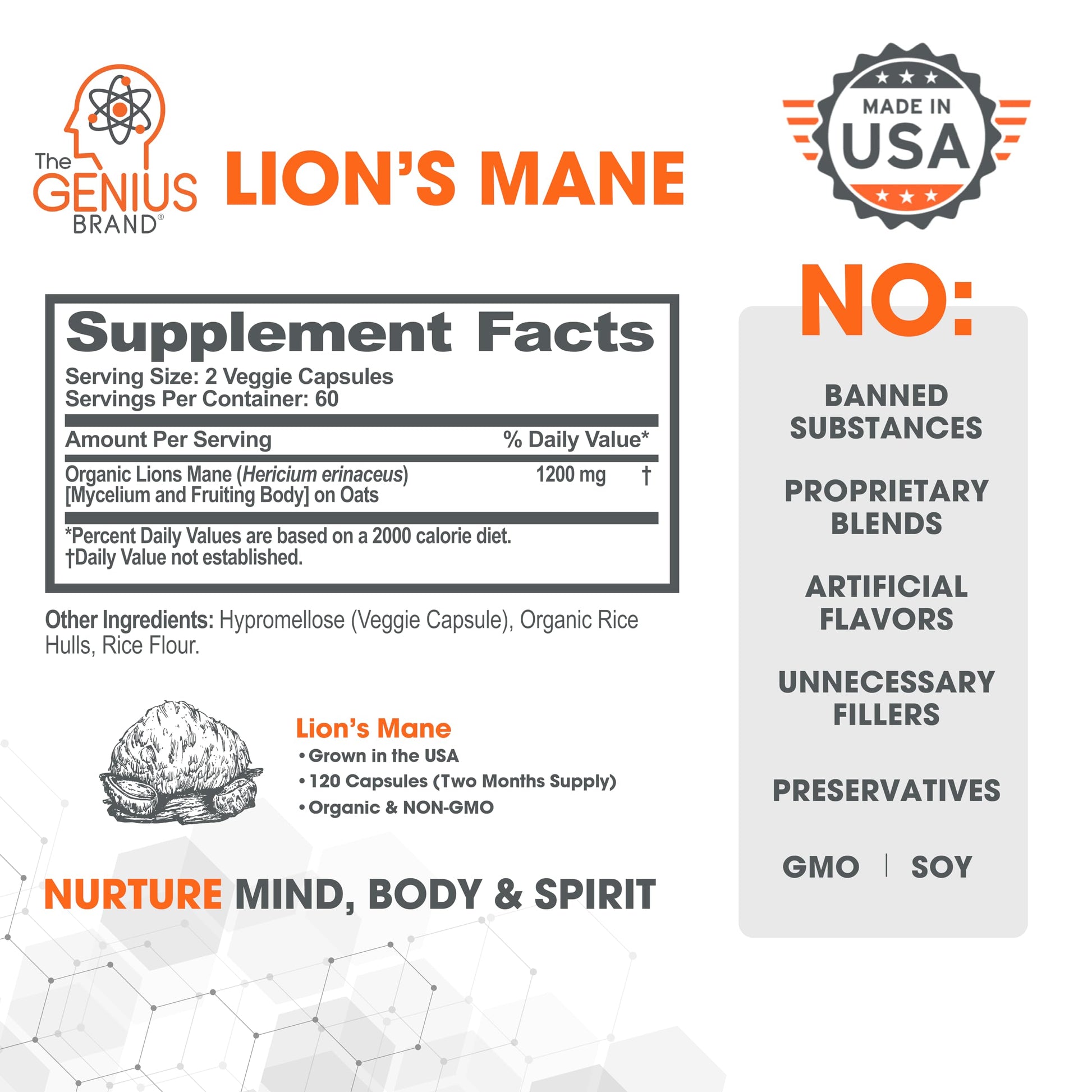 Genius Lions Mane Supplement Capsules - Organic Nootropic Supplement, 1200mg per The Genius Brand