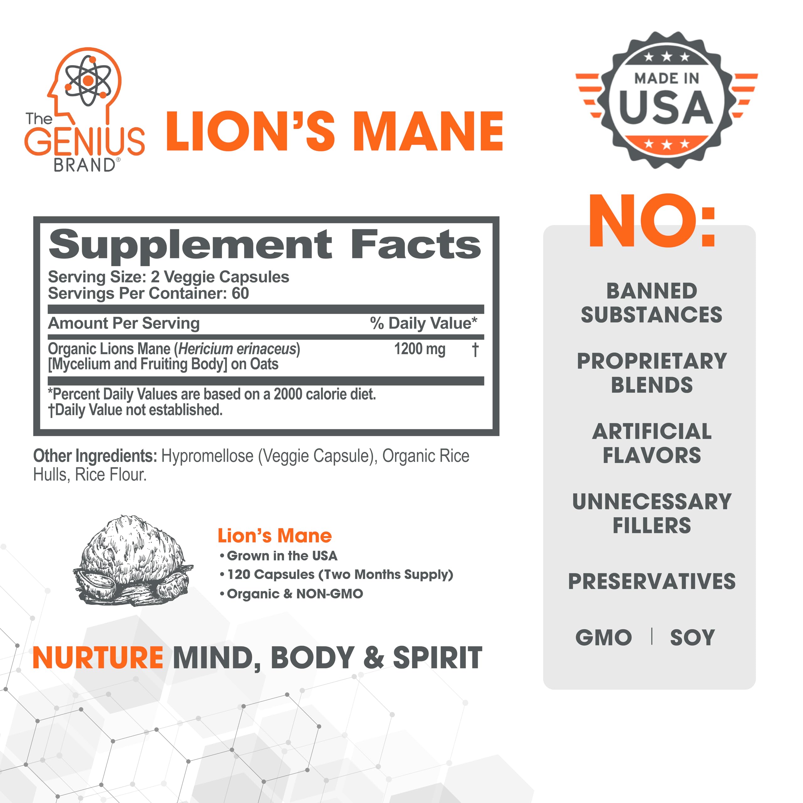 Genius Lions Mane Supplement Capsules - Organic Nootropic Supplement, 1200mg per The Genius Brand