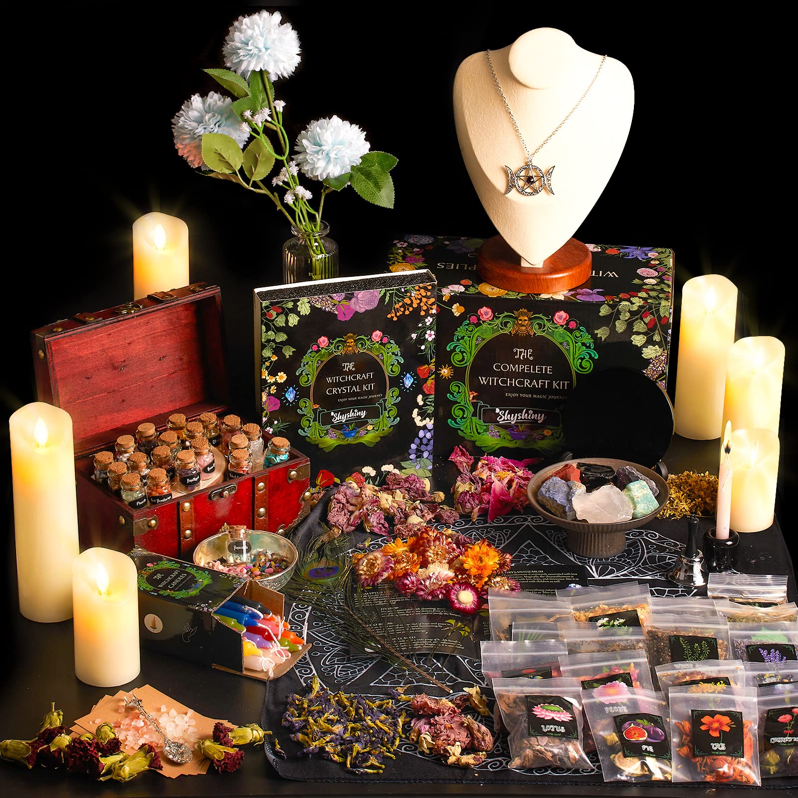 SHYSHINY Witchcraft Supplies Kit for Wiccan Spells, 95 Pack of 7 Chakra Stones, Crystals, Dried Herbs SHYSHINY