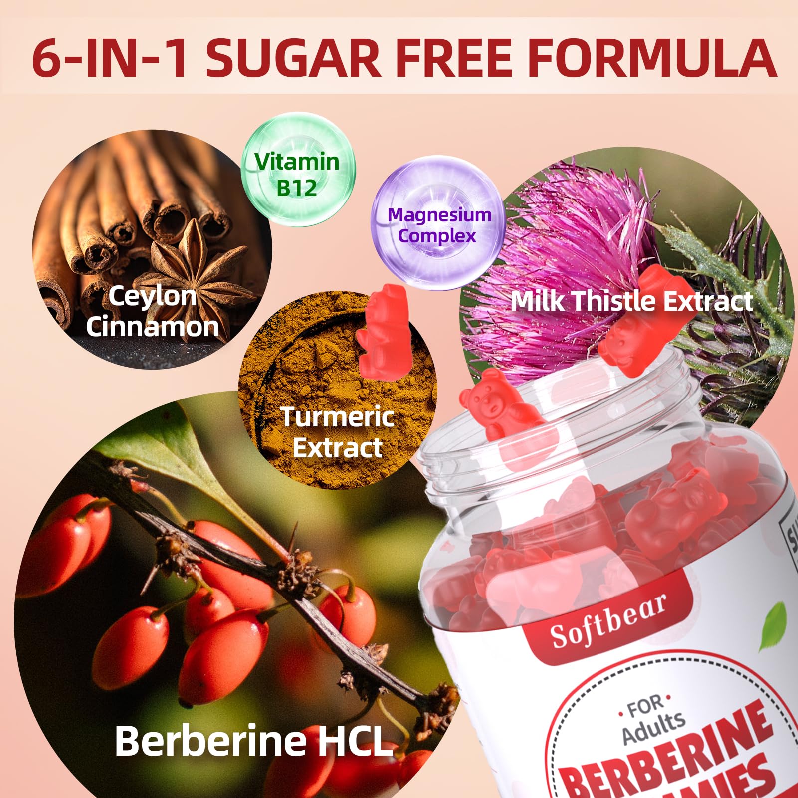 softbear Berberine with Ceylon Cinnamon Gummies-99% Purity Berberine HCL Supplements softbear