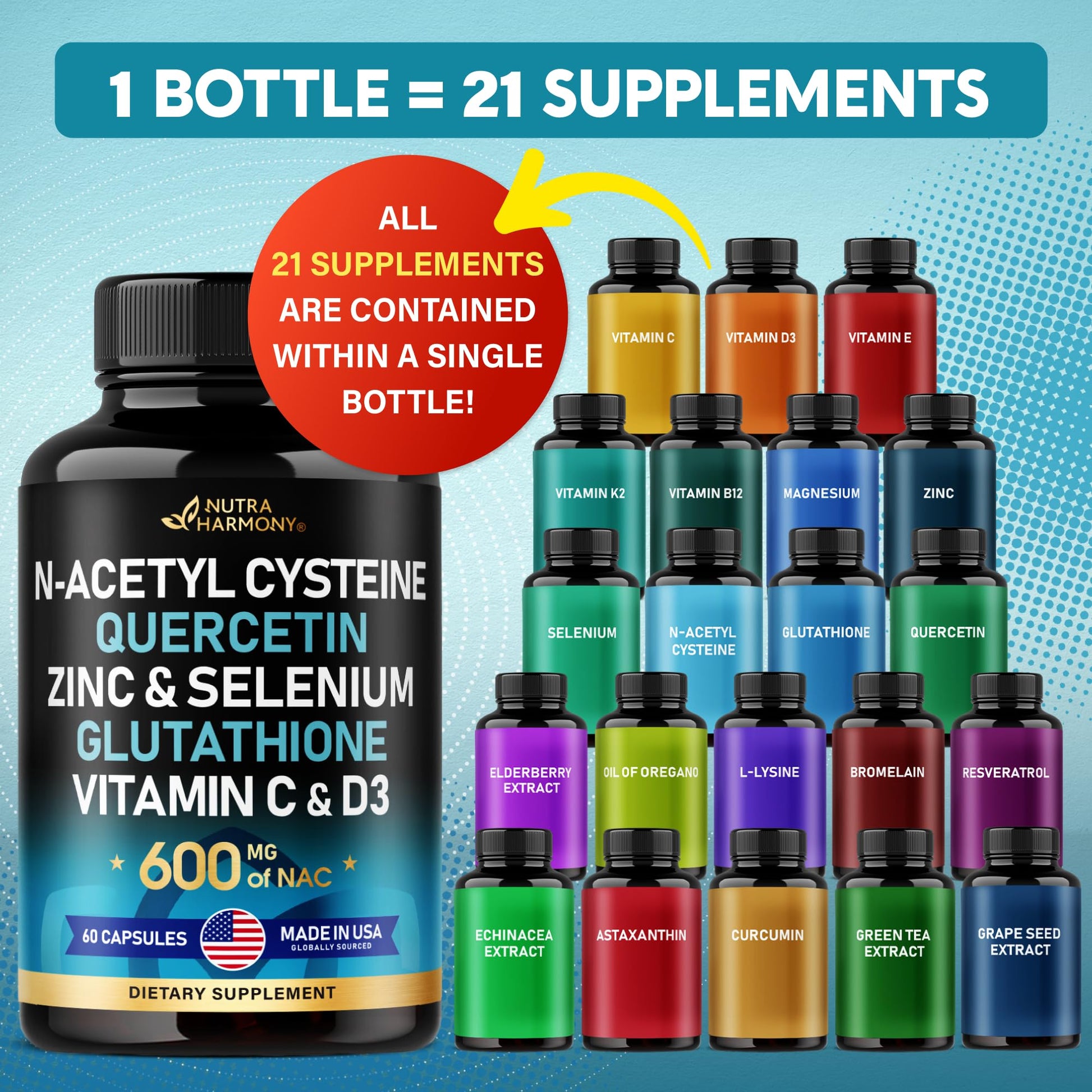 NAC 600 mg Supplement | Quercetin | Zinc | Glutathione | Selenium | Vitamin C & D3 NUTRAHARMONY