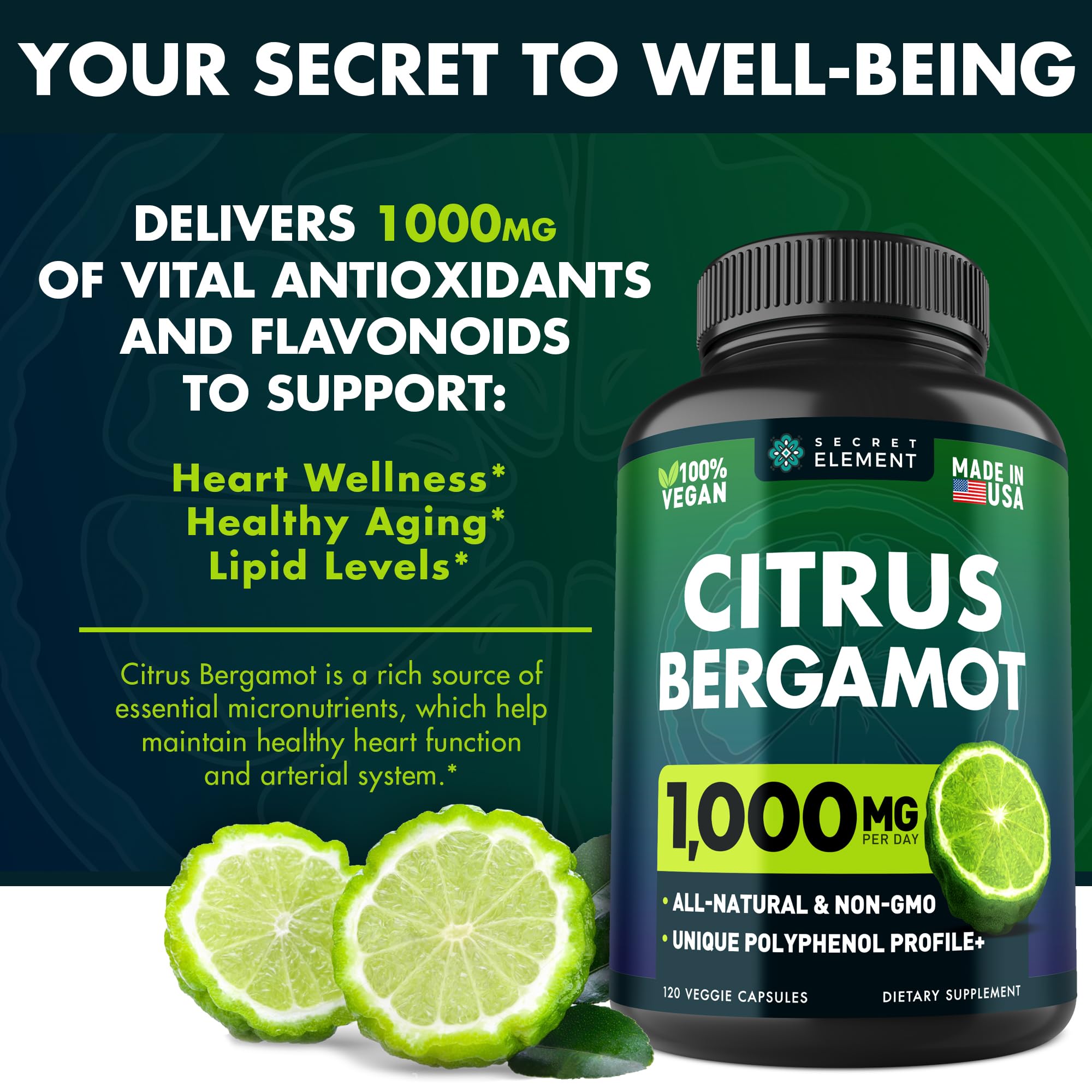 Citrus Bergamot Extract 1000mg - Citrus Bergamot Supplement for Heart, Immune System Secret Element