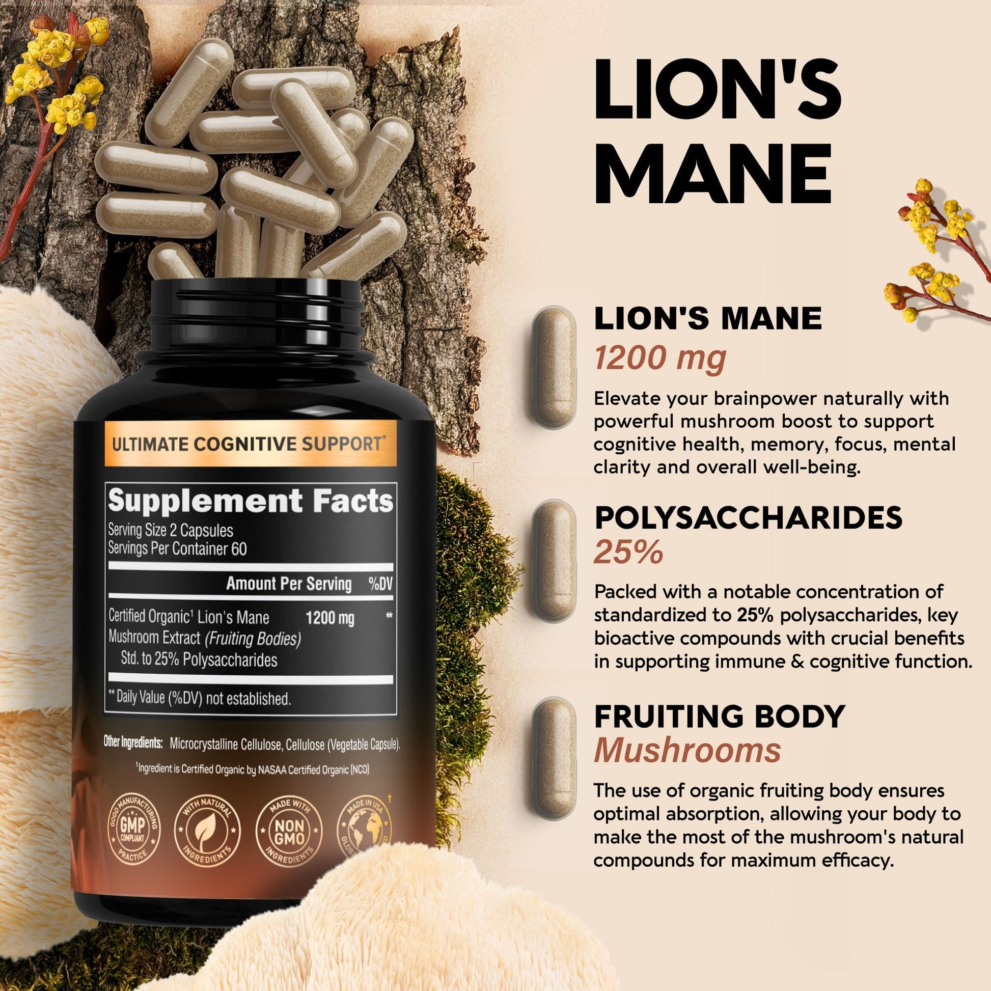 Organic Lions Mane - Certified Mushroom Supplement - Made in USA - Fruiting Bodies NUTRAHARMONY