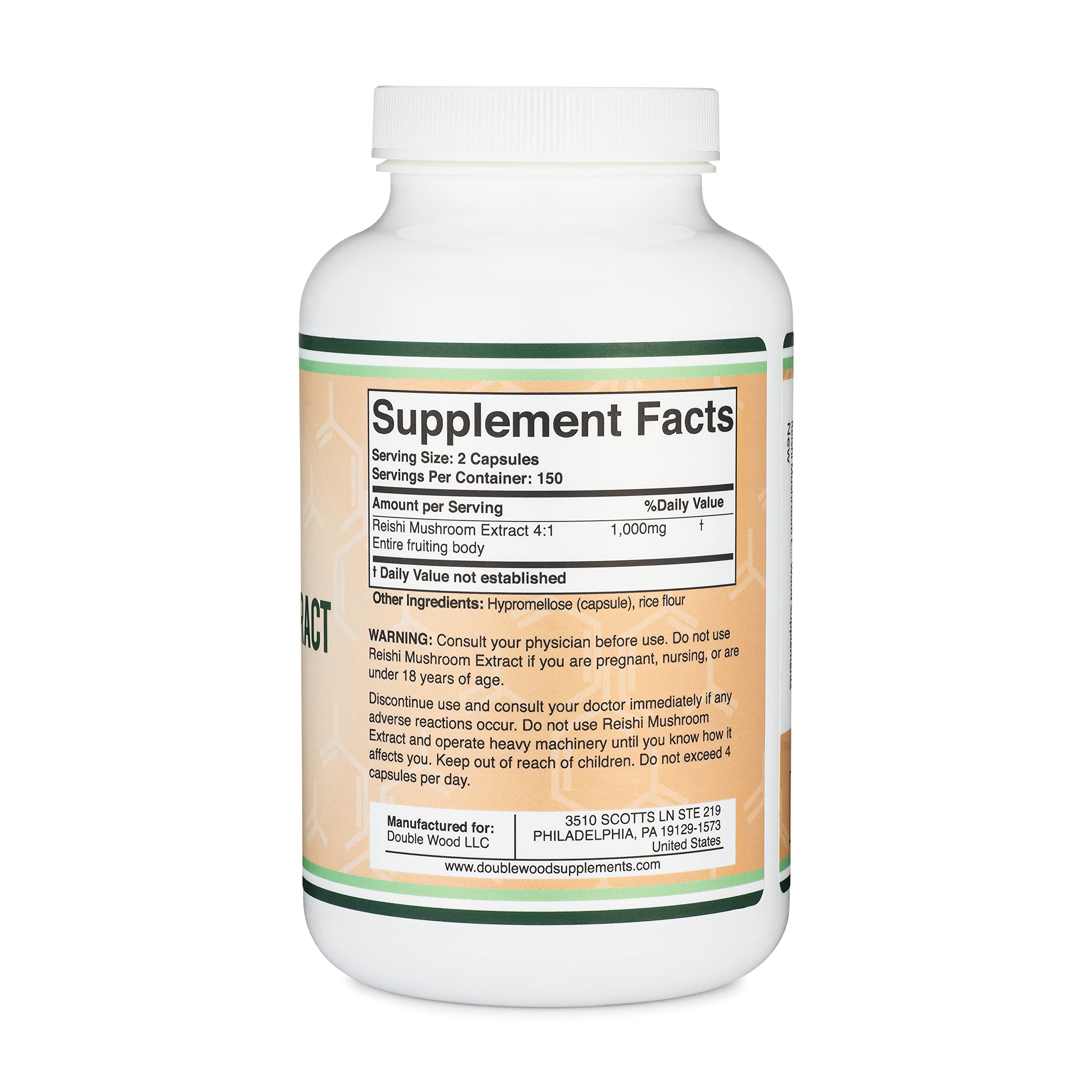 Reishi Mushroom Capsules (4:1 Ganoderma Extract, 1,000mg Red Reishi Powder Servings) Double Wood Supplements