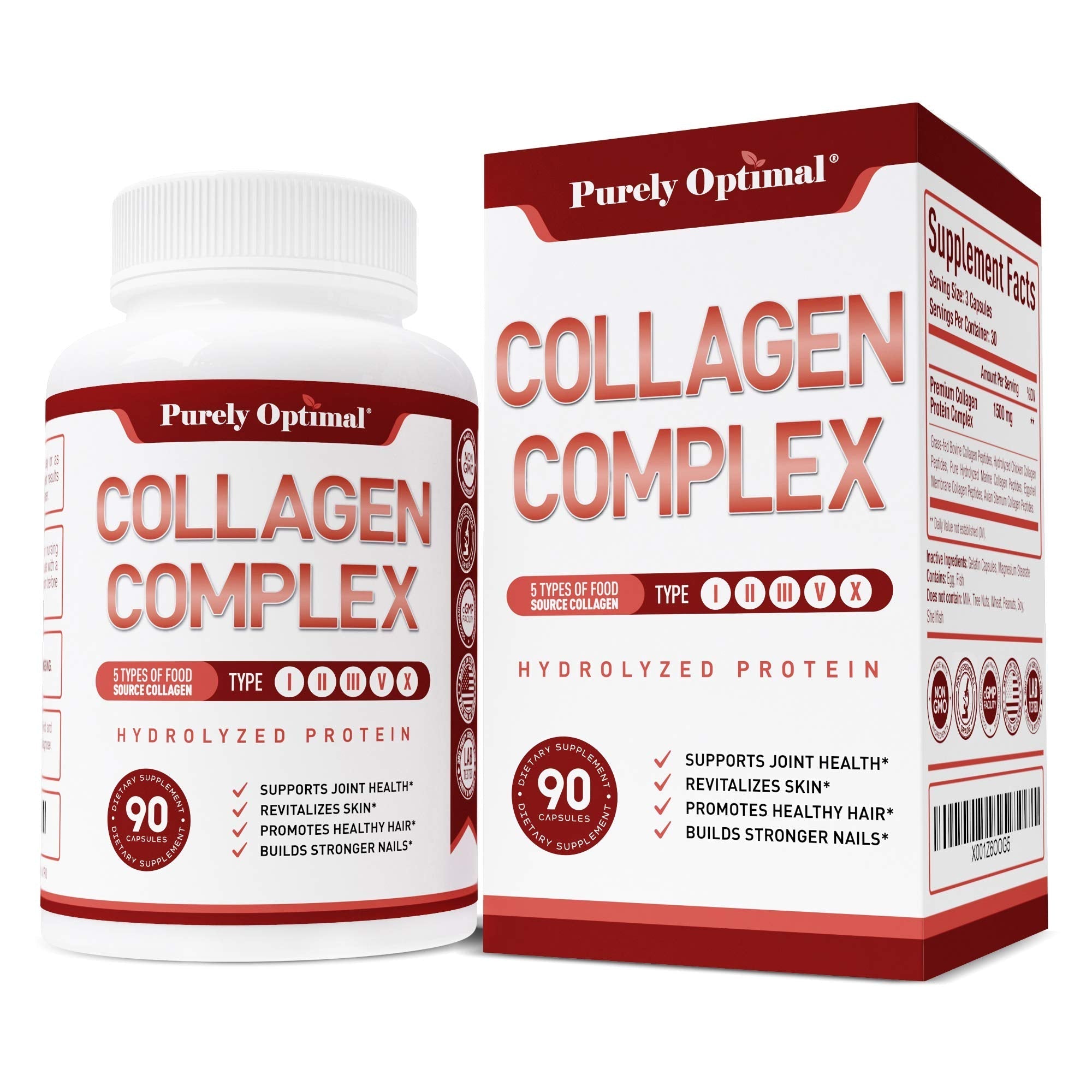 Purely Optimal Premium Multi Collagen Peptides Capsules (Types I, II, III, V, X) - Hair