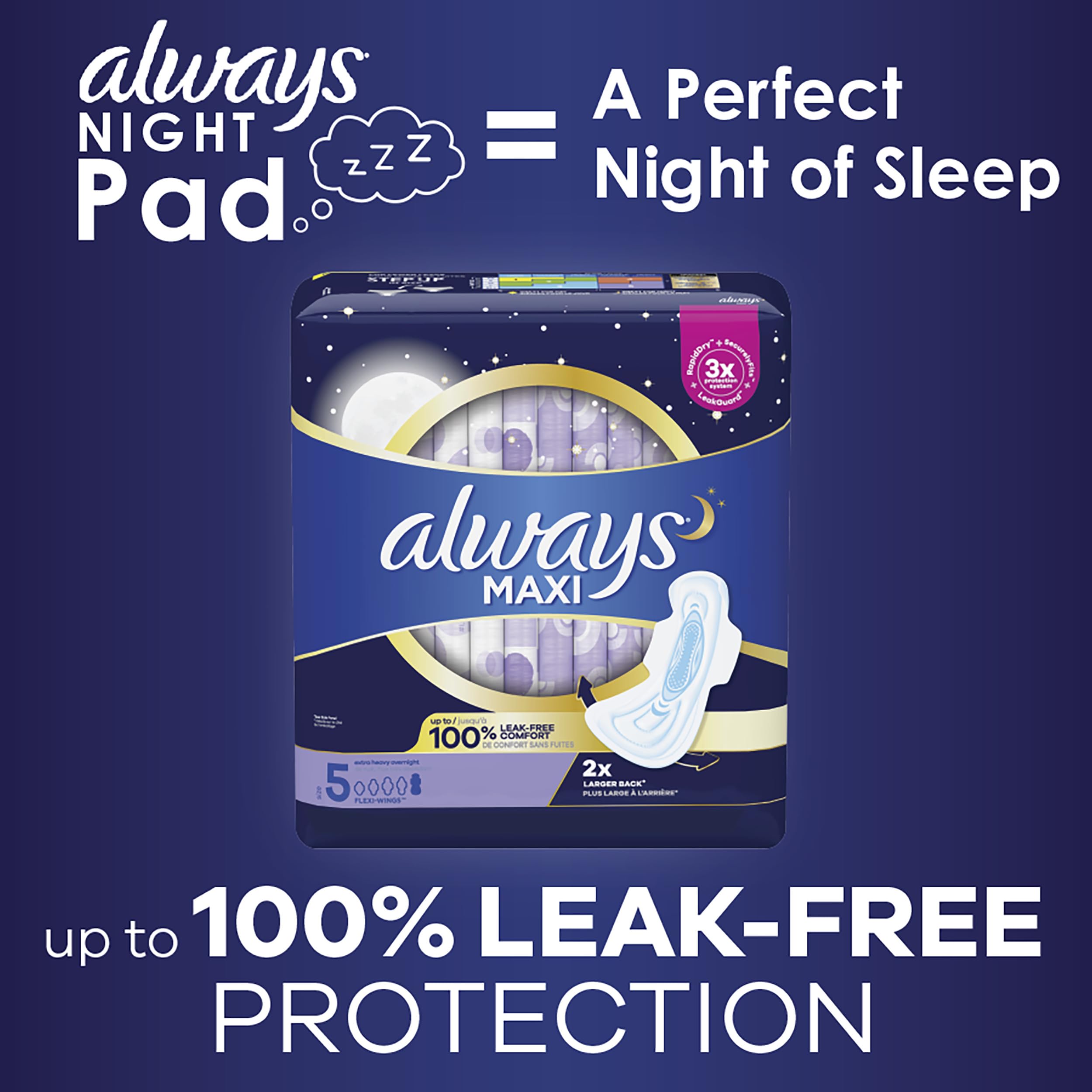 Always Maxi Overnight Pads with Wings, Size 5, Extra Heavy Overnight Always