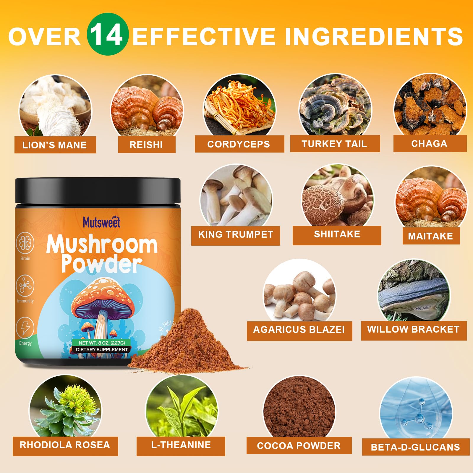 Mushroom Powder Blend (75 Servings), Ten Mushroom Supplement with Lions Mane Mutsweet
