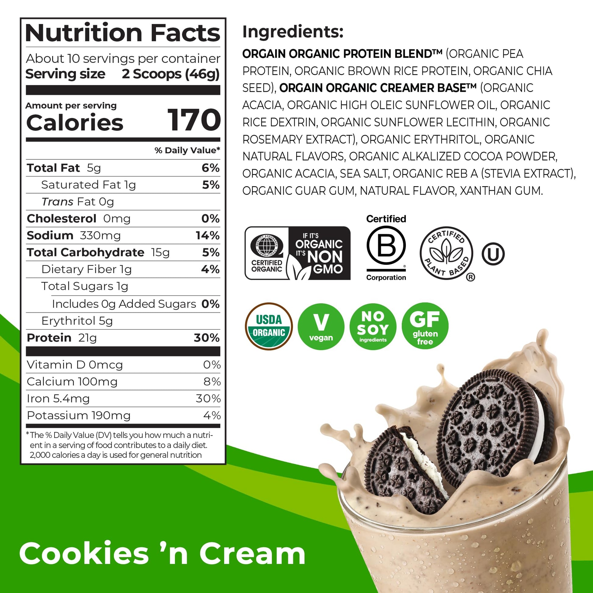 Orgain Organic Vegan Protein Powder, Cookies and Cream - 21g Plant Based Protein Orgain