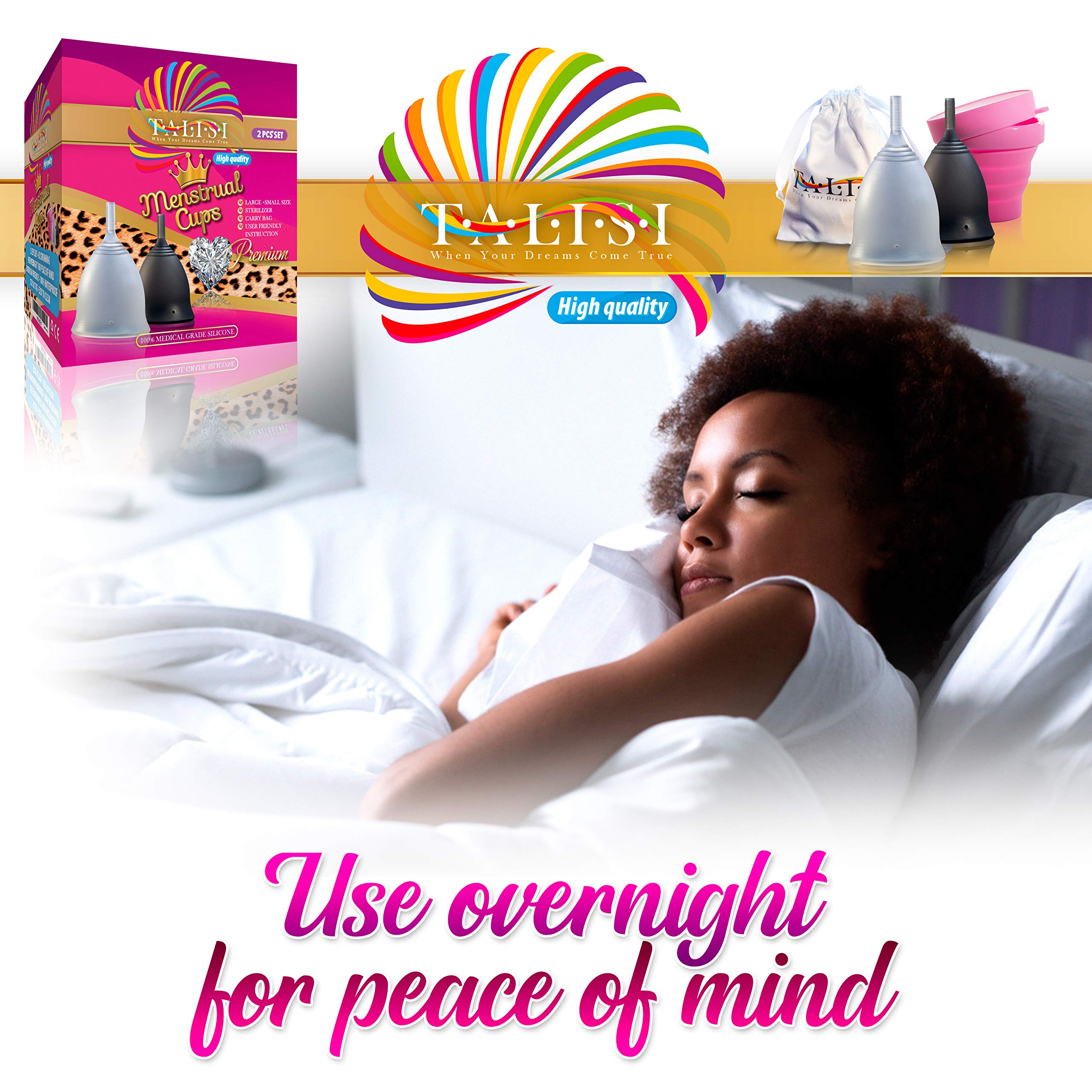 Talisi Soft Menstrual Cups Set of 2 - Reusable Period Cup for Women with Collapsible Case Holder Sterilizer TALISI WHEN YOUR DREAMS COME TRUE