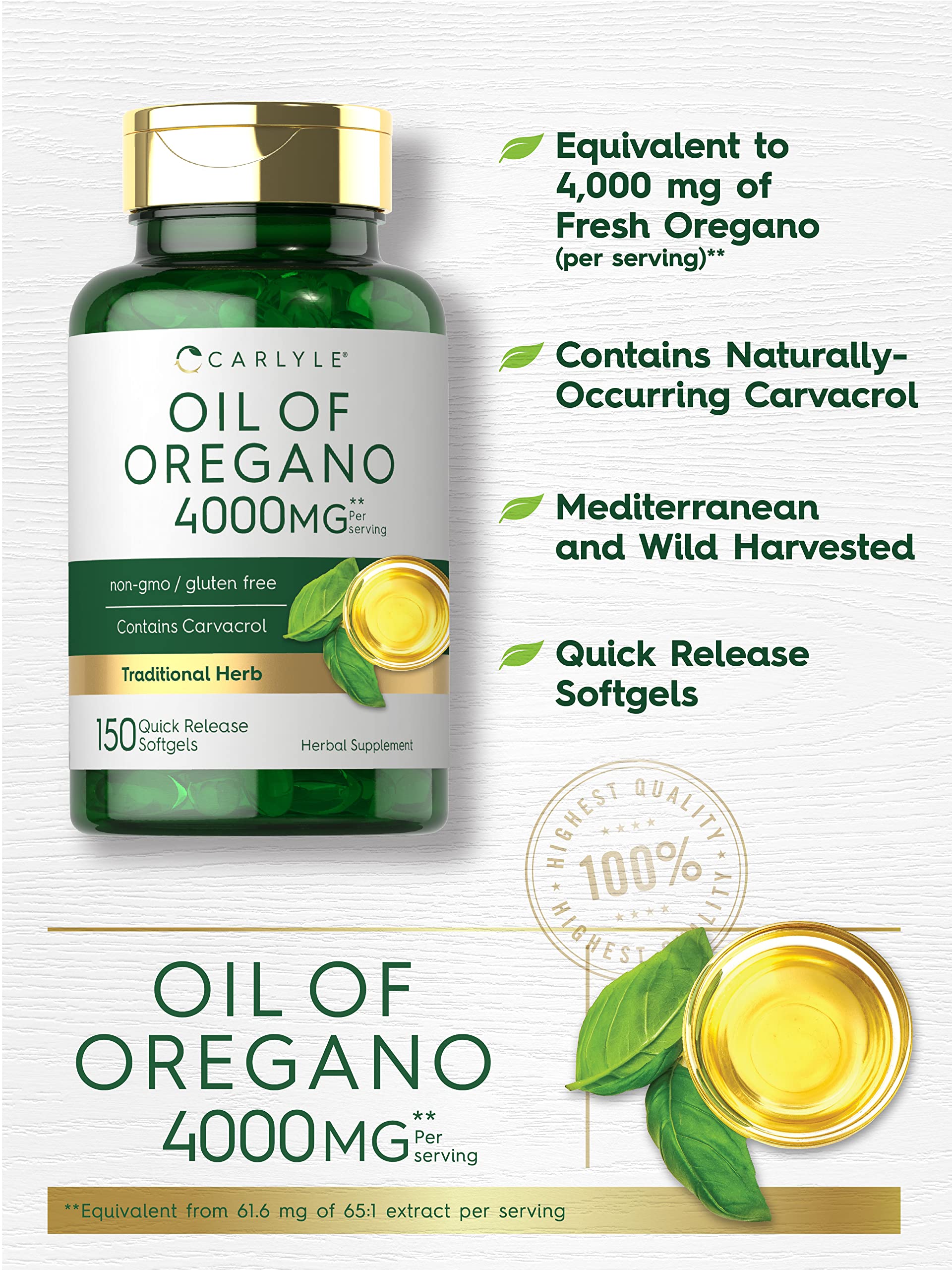 Oregano Oil Extract | Max Potency | 150 Softgel Capsules | Non-GMO and Gluten Carlyle