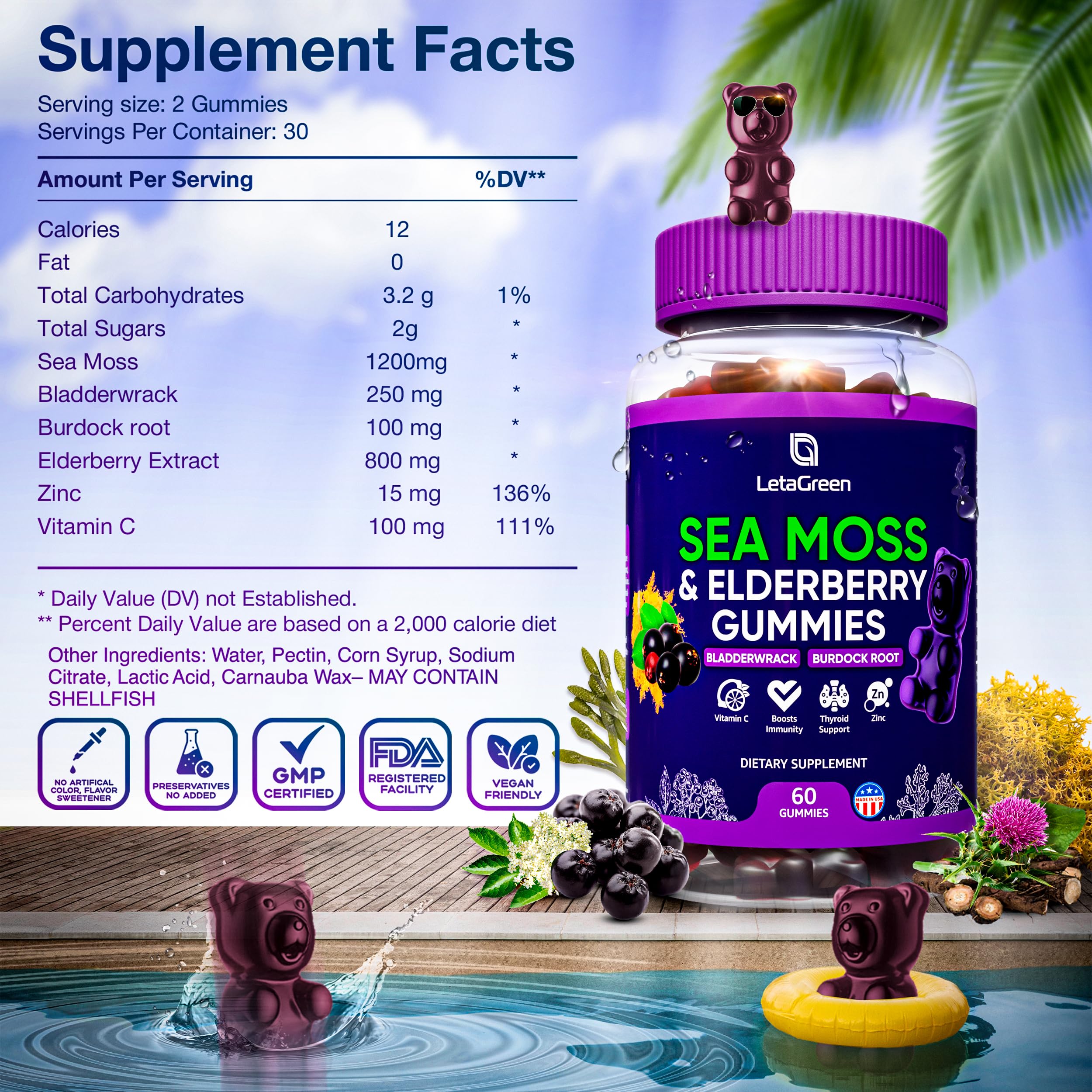 LetaGreen Irish Sea Moss Gummies - 60 Vegan Seamoss Gummies Bears LetaGreen