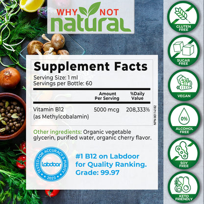 Why Not Natural Organic Vitamin B12 Liquid - Sublingual Extra Strength 60 x 5000 mcg