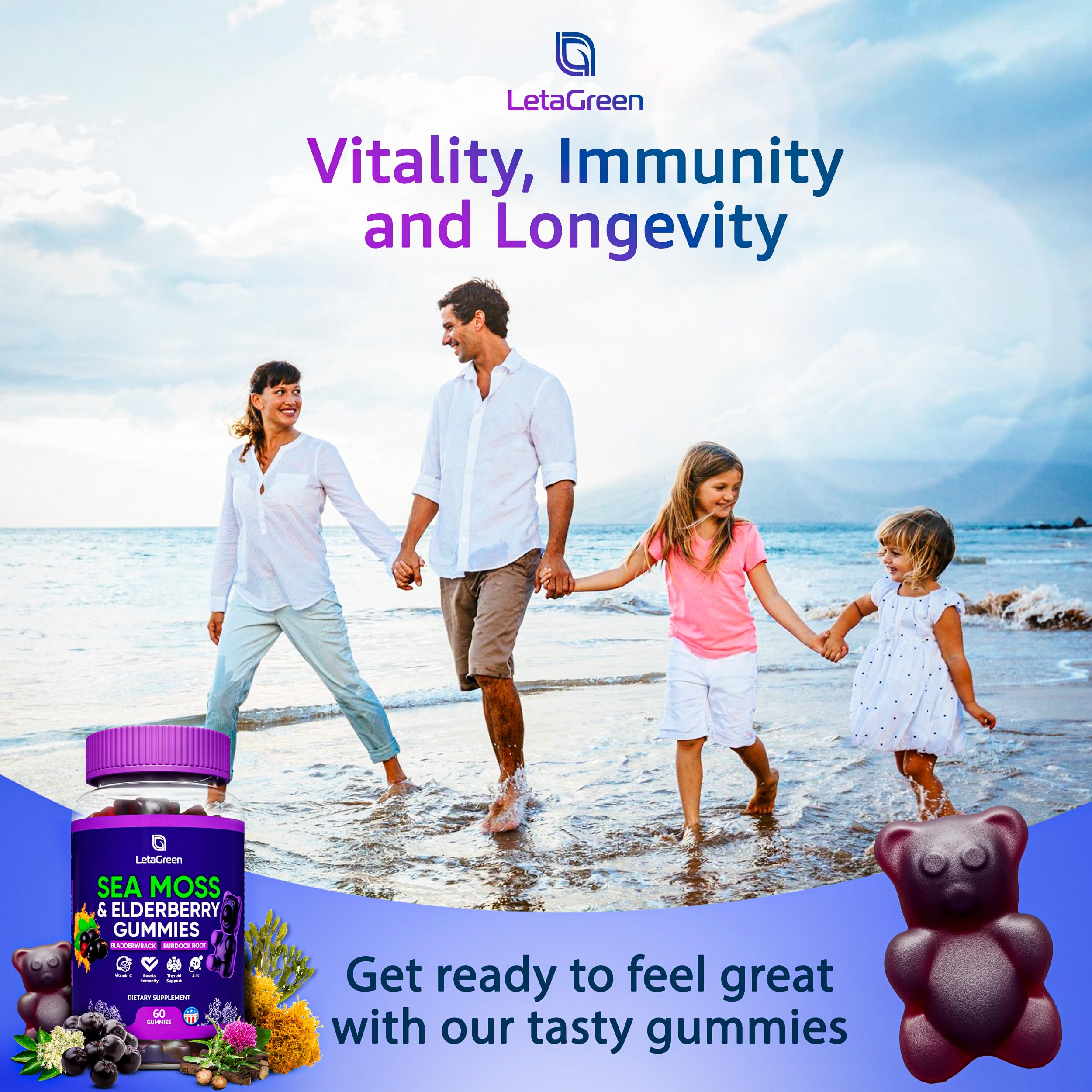 LetaGreen Irish Sea Moss Gummies - 60 Vegan Seamoss Gummies Bears LetaGreen
