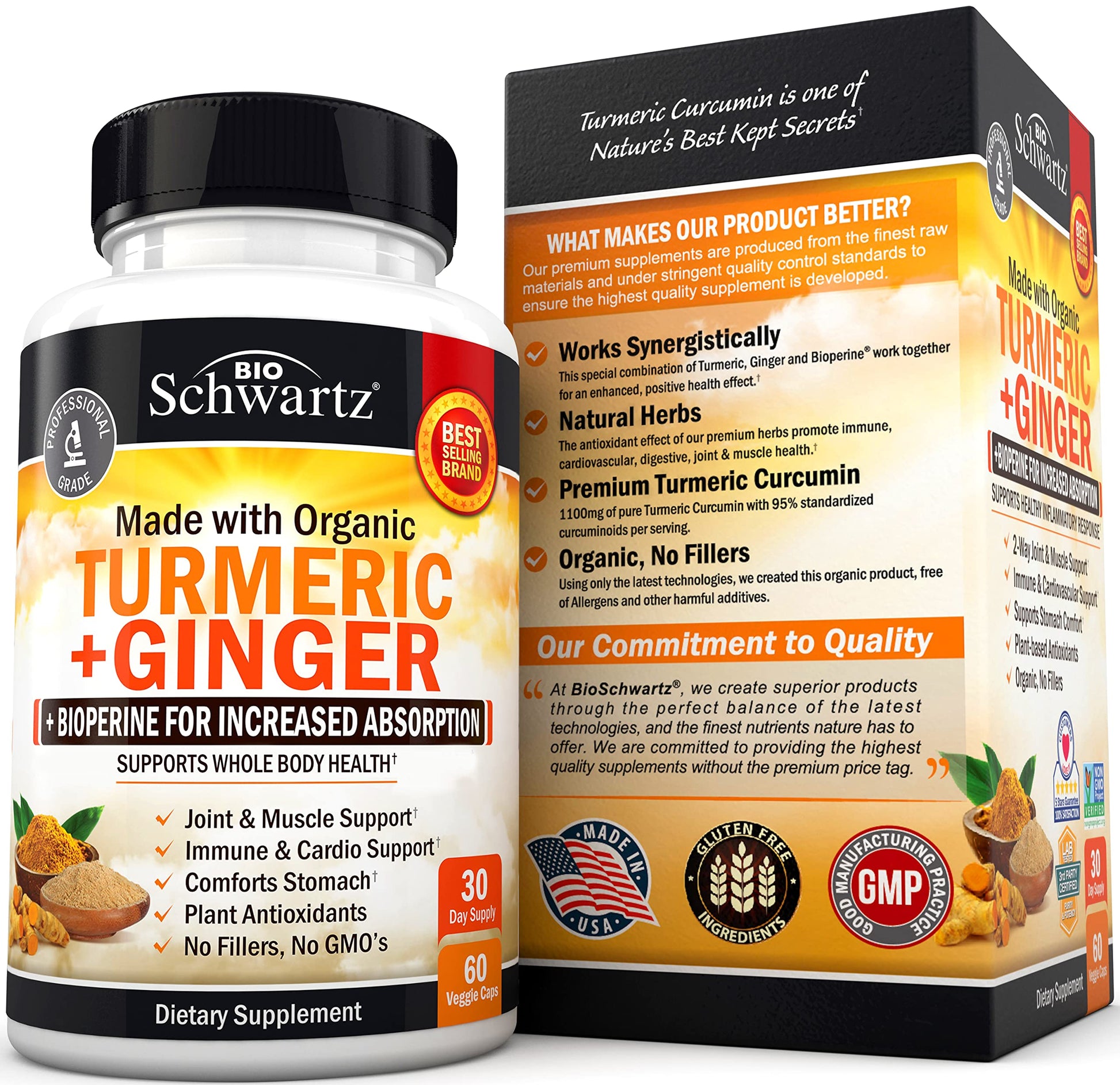 Organic Turmeric Curcumin and Ginger - 95% Standardized Curcuminoids with BioPerine BioSchwartz