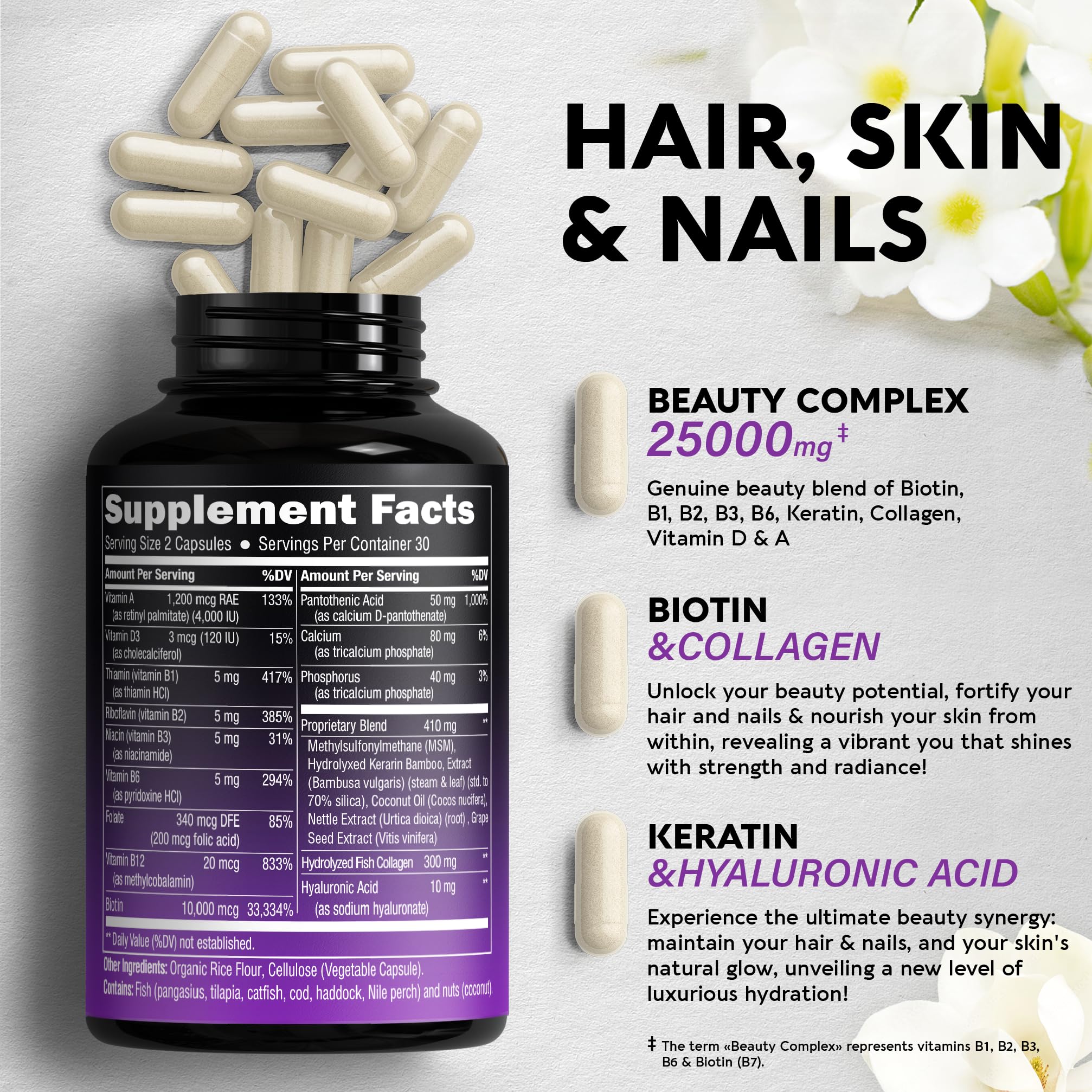 Biotin | Collagen | Keratin | Hyaluronic Acid - Hair Growth Support Pills, 25000 mcg NUTRAHARMONY