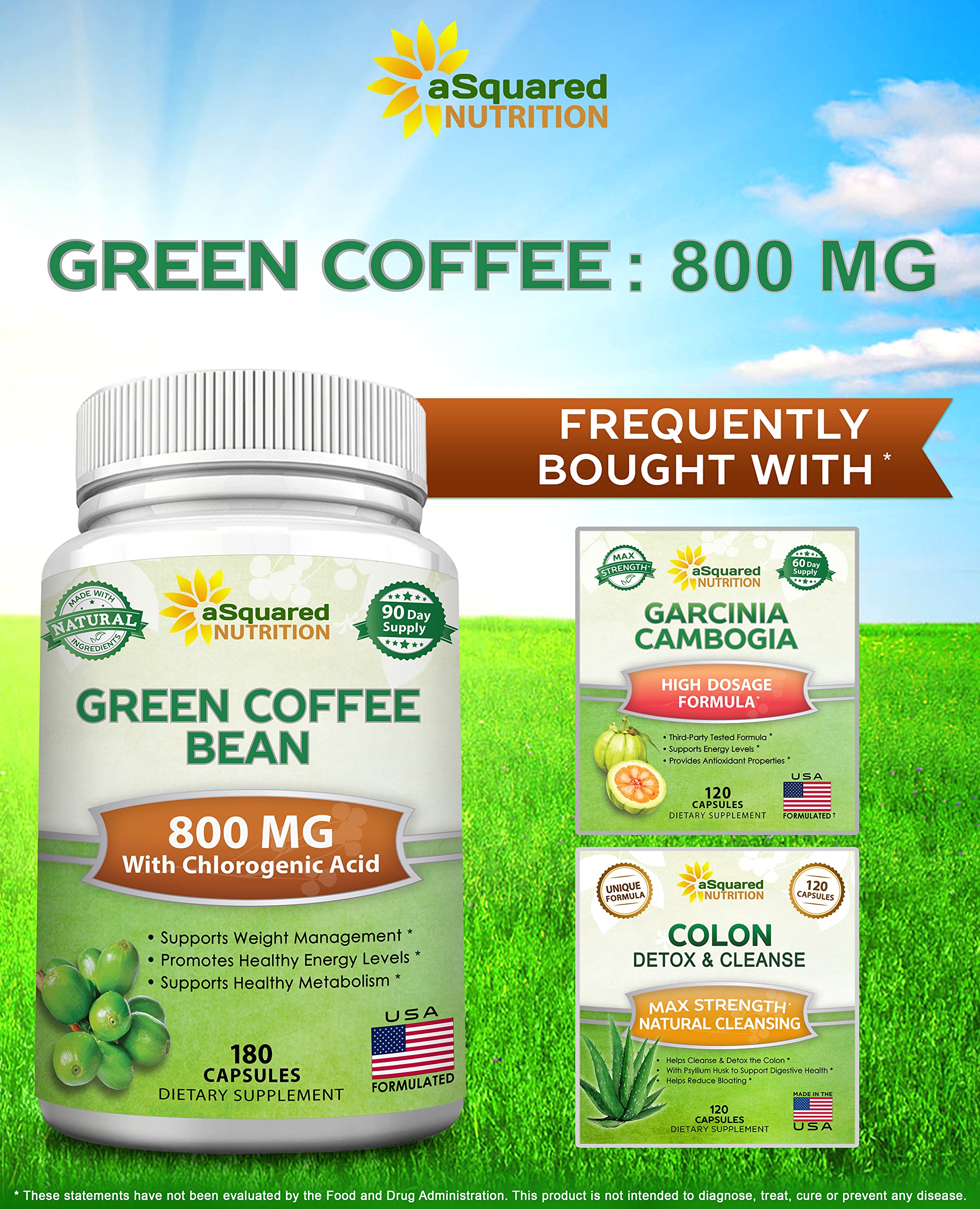 aSquared Nutrition Natural Green Coffee Bean Formula-180 Capsules-Max Strength GCA aSquared Nutrition
