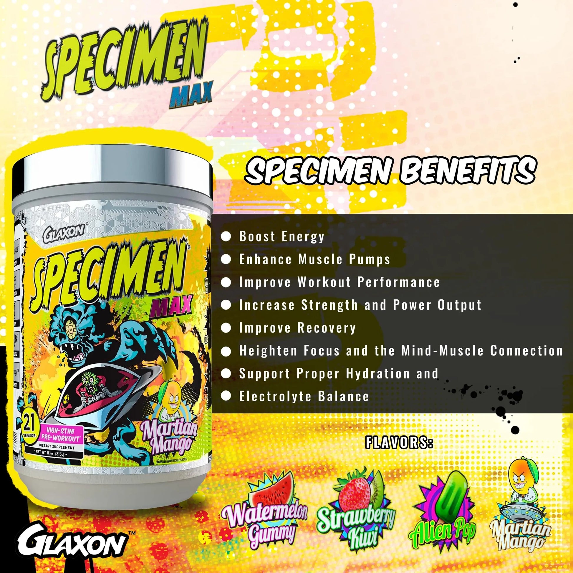 Glaxon Specimen Max High Stim Pre-Workout | 400mg Caffeine + 3200mg Beta Alanine for Maximum Energy, Pump & Focus | 21 Servings (Martian Mango)